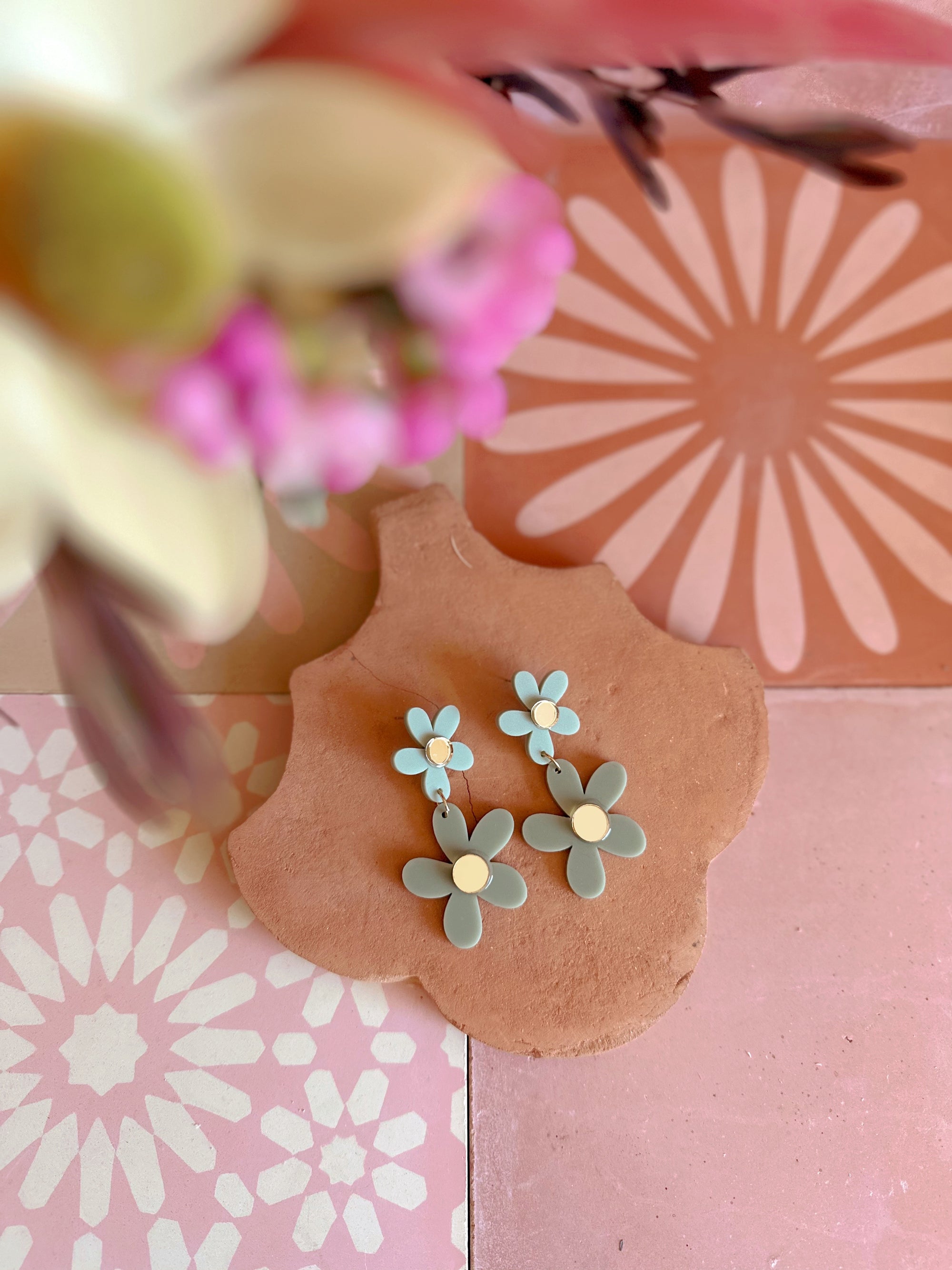 Double Daisy Dangles | Sage + Gold