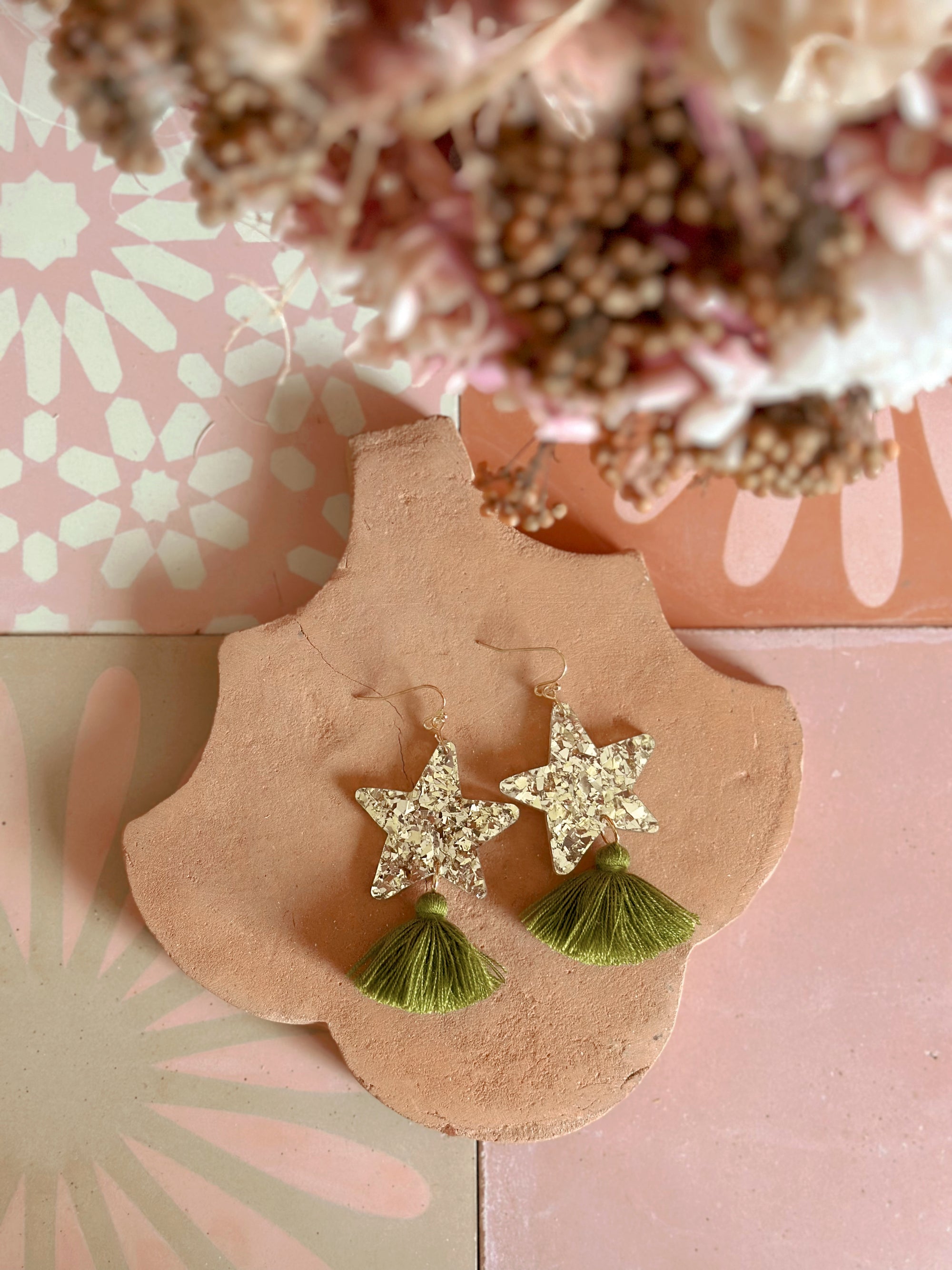 Star Dust Dangles | Gold Sparkle + Olive Green