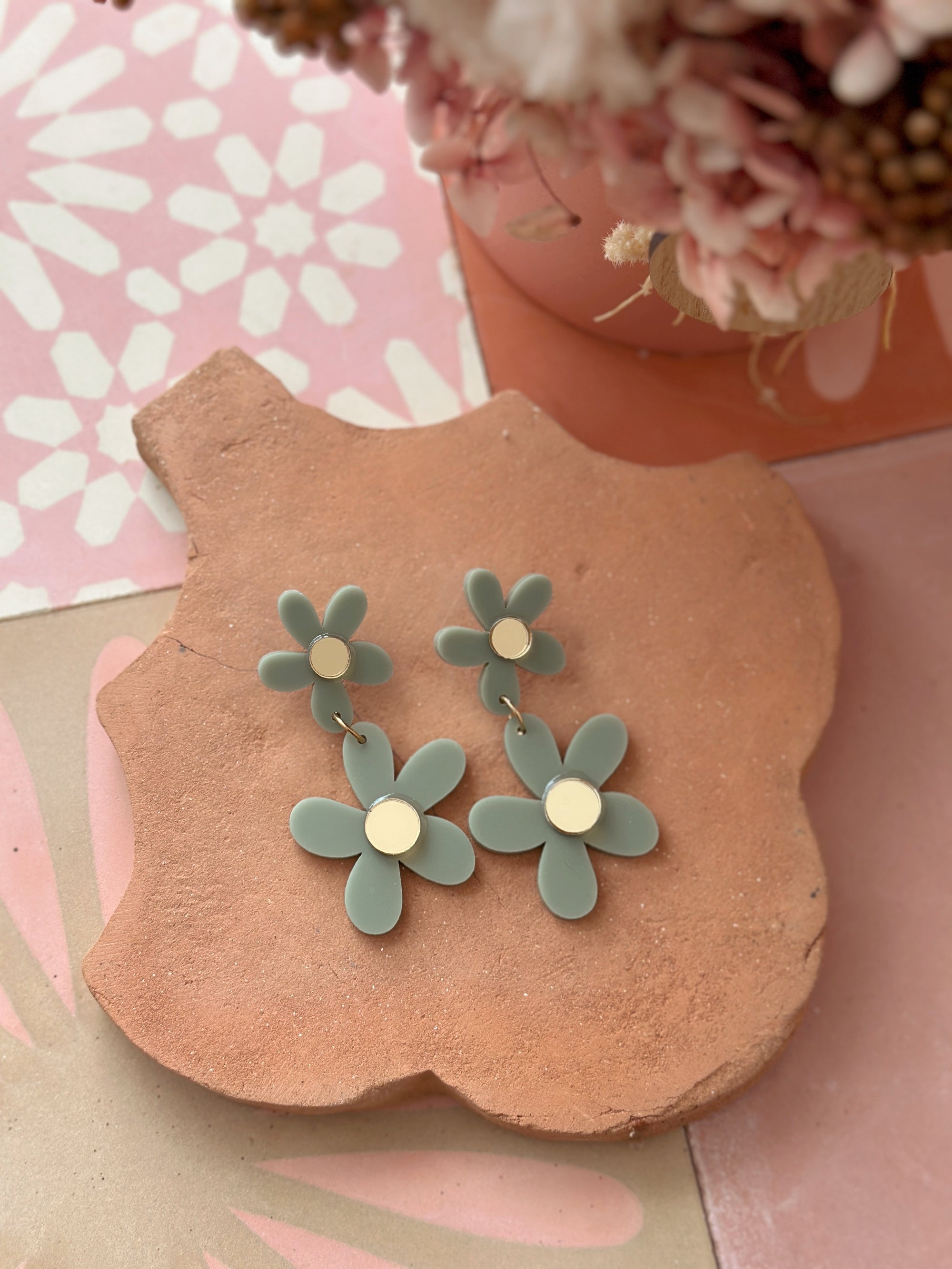 Double Daisy Dangles | Sage + Gold