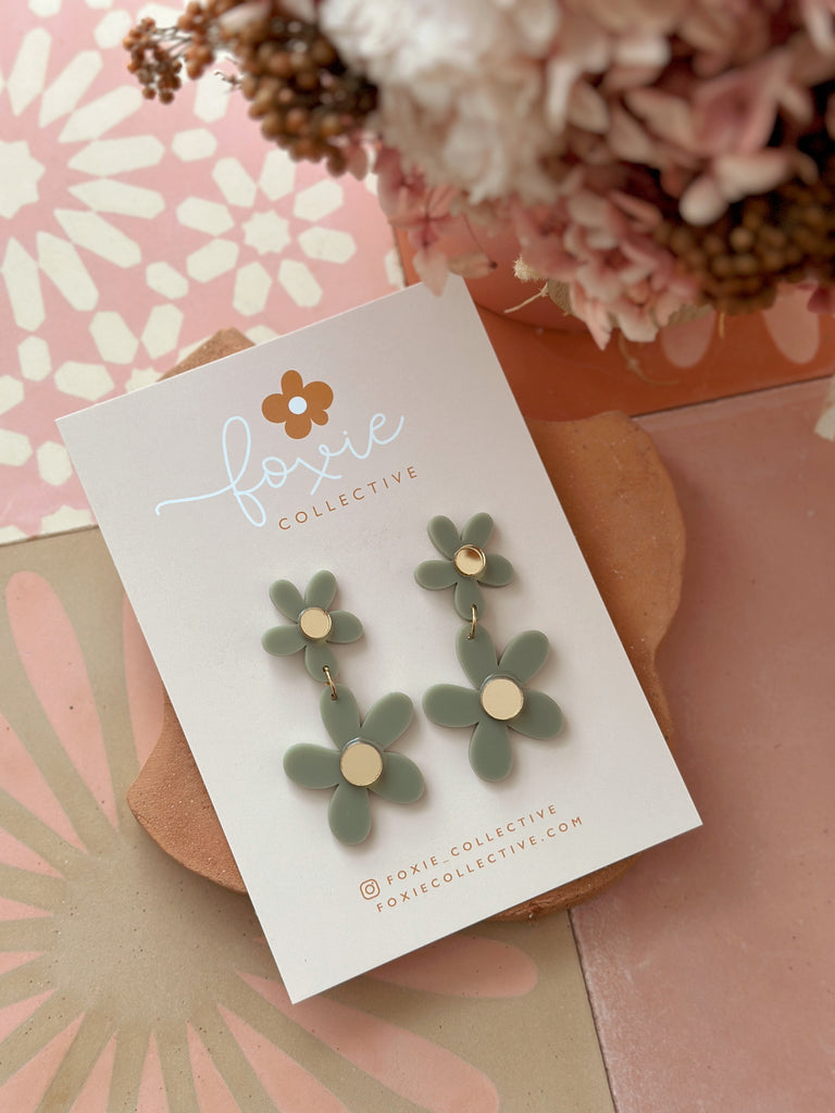 Double Daisy Dangles | Sage + Gold