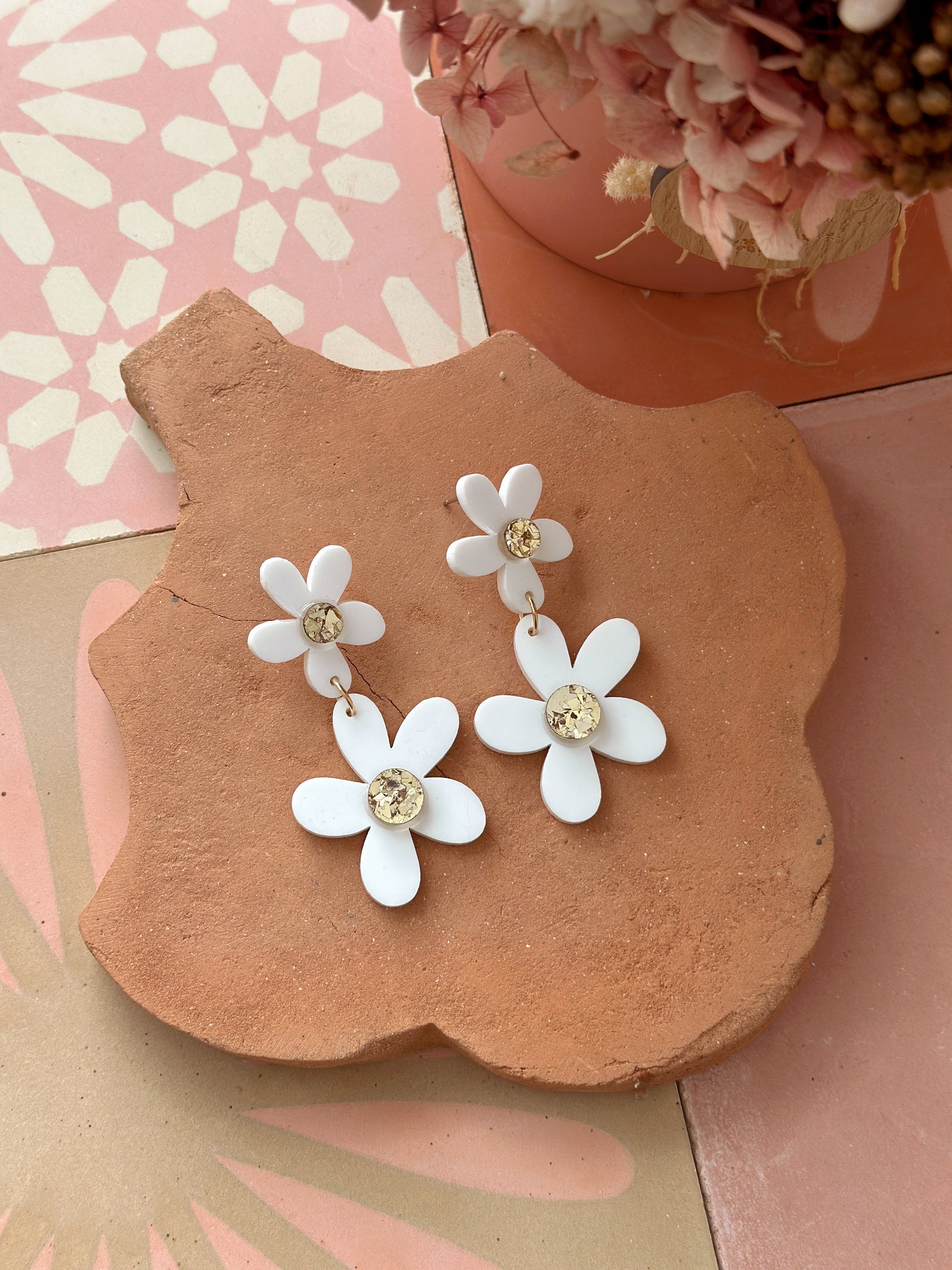 Double Daisy Dangles | Matte White + Gold Sparkle