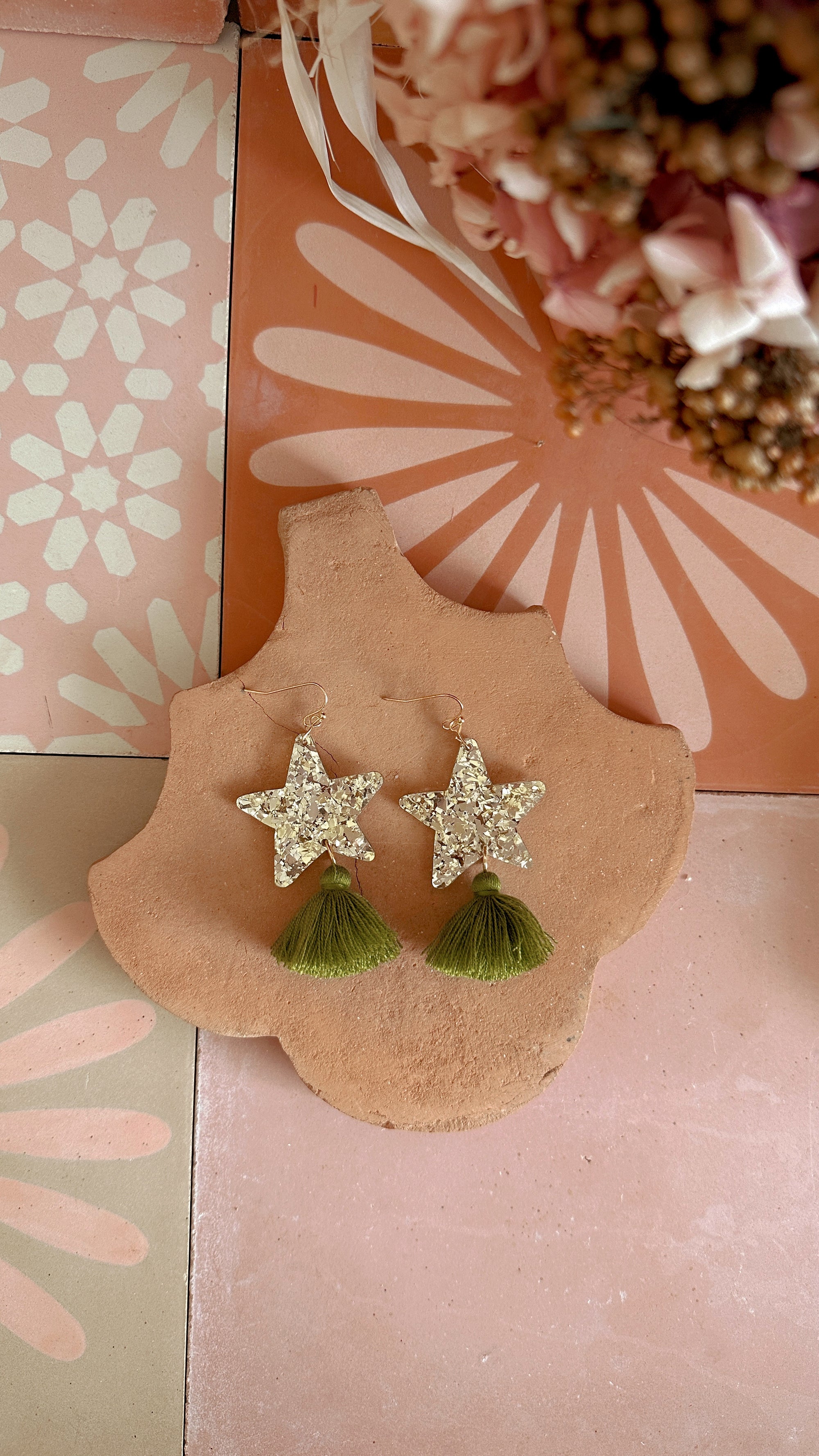 Star Dust Dangles | Gold Sparkle + Olive Green