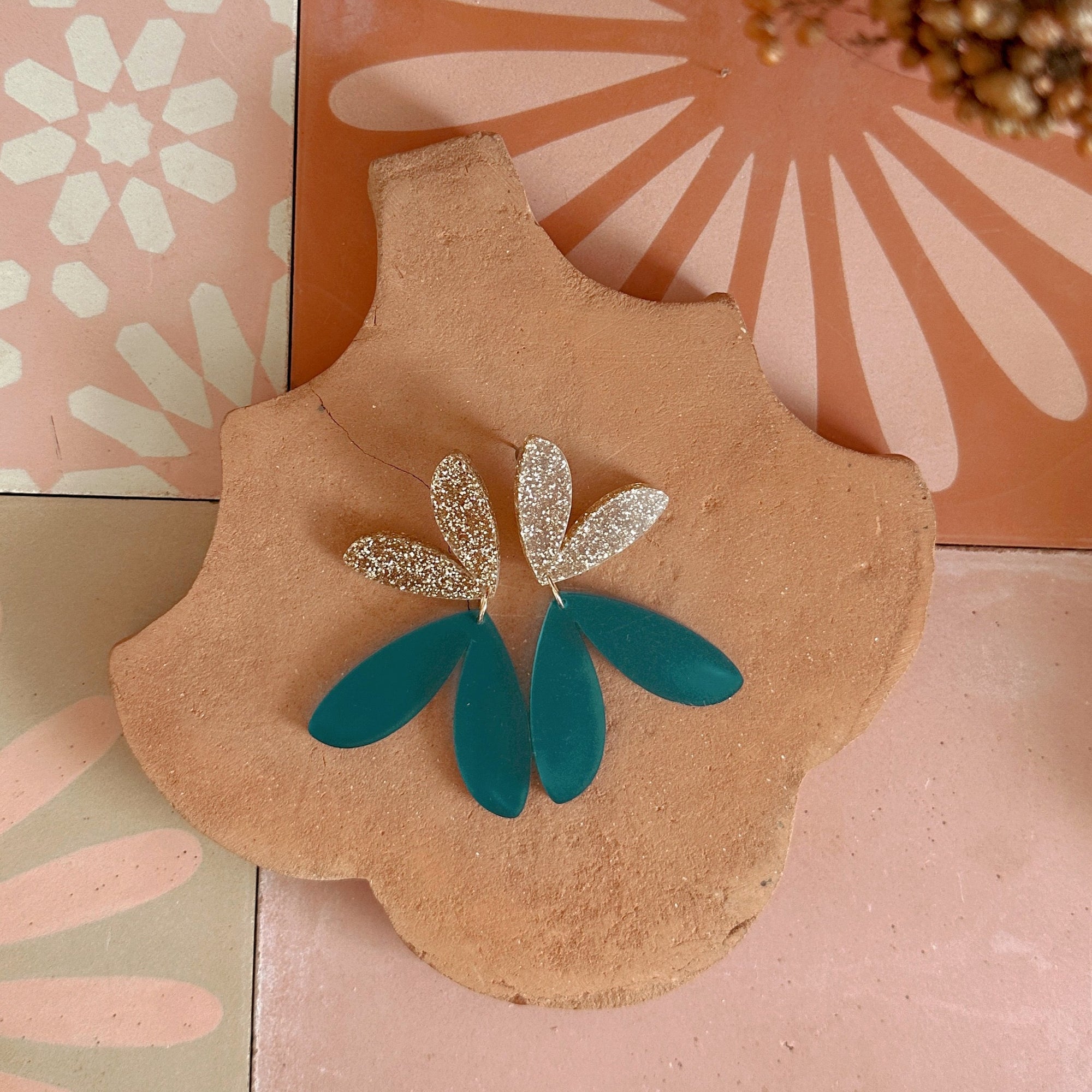 The Love Bug Dangles | Frosted Teal + Gold Glitter
