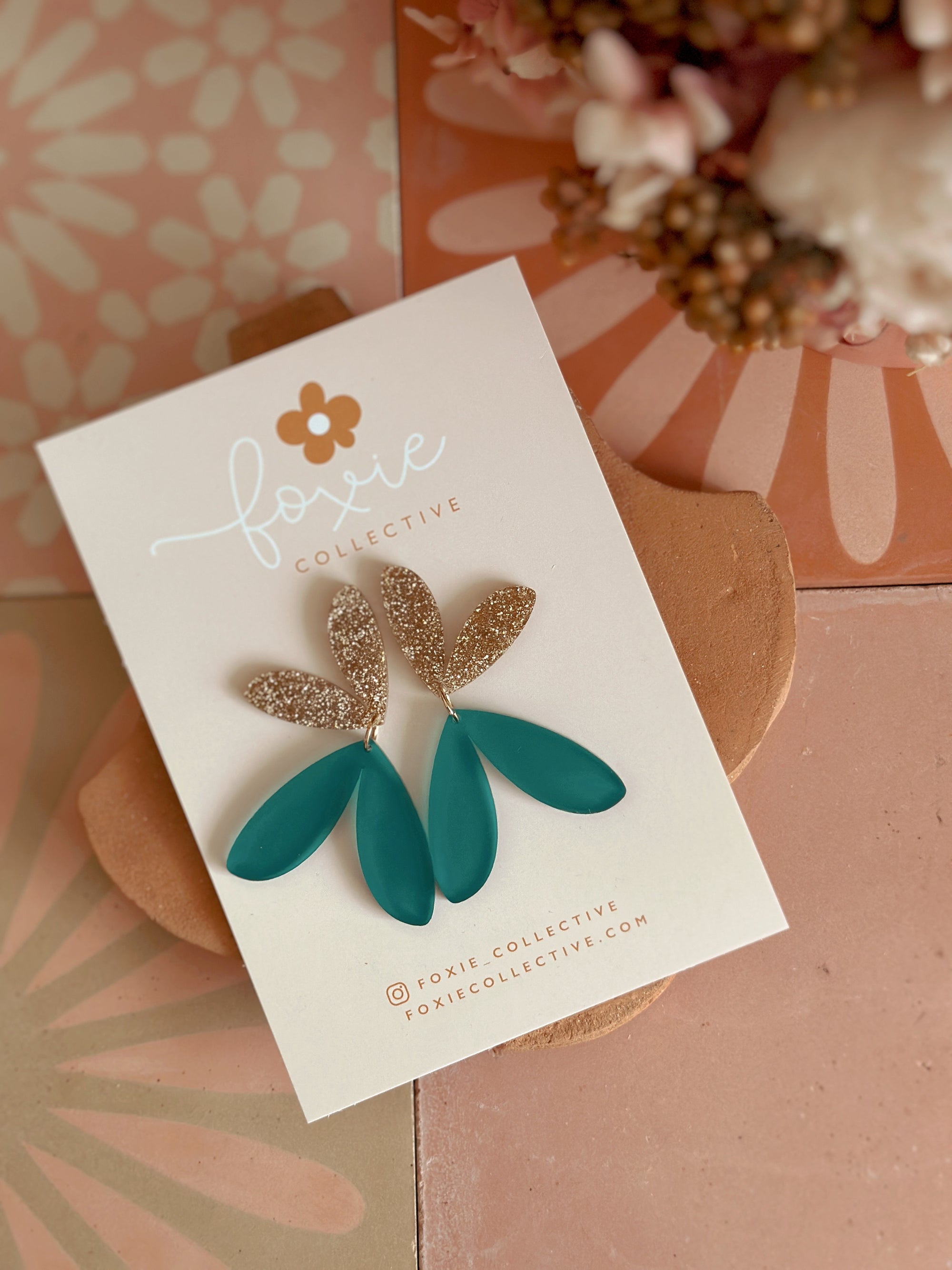 The Love Bug Dangles | Frosted Teal + Gold Glitter