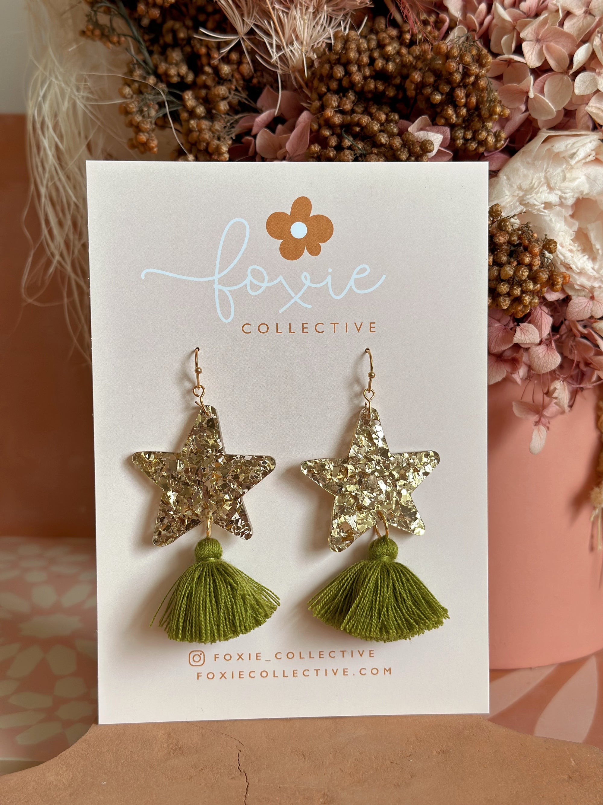 Star Dust Dangles | Gold Sparkle + Olive Green
