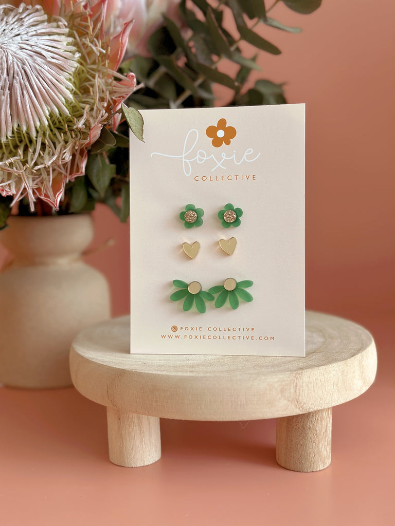 STUD PACK TRIO | Frosted Green + Gold