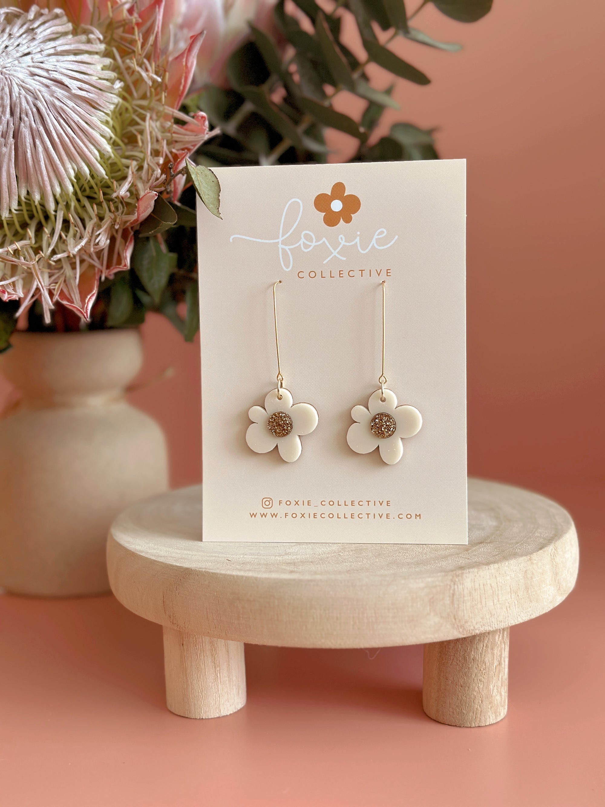 Moon Flower Dangle Earrings | Cream + Gold Glitter