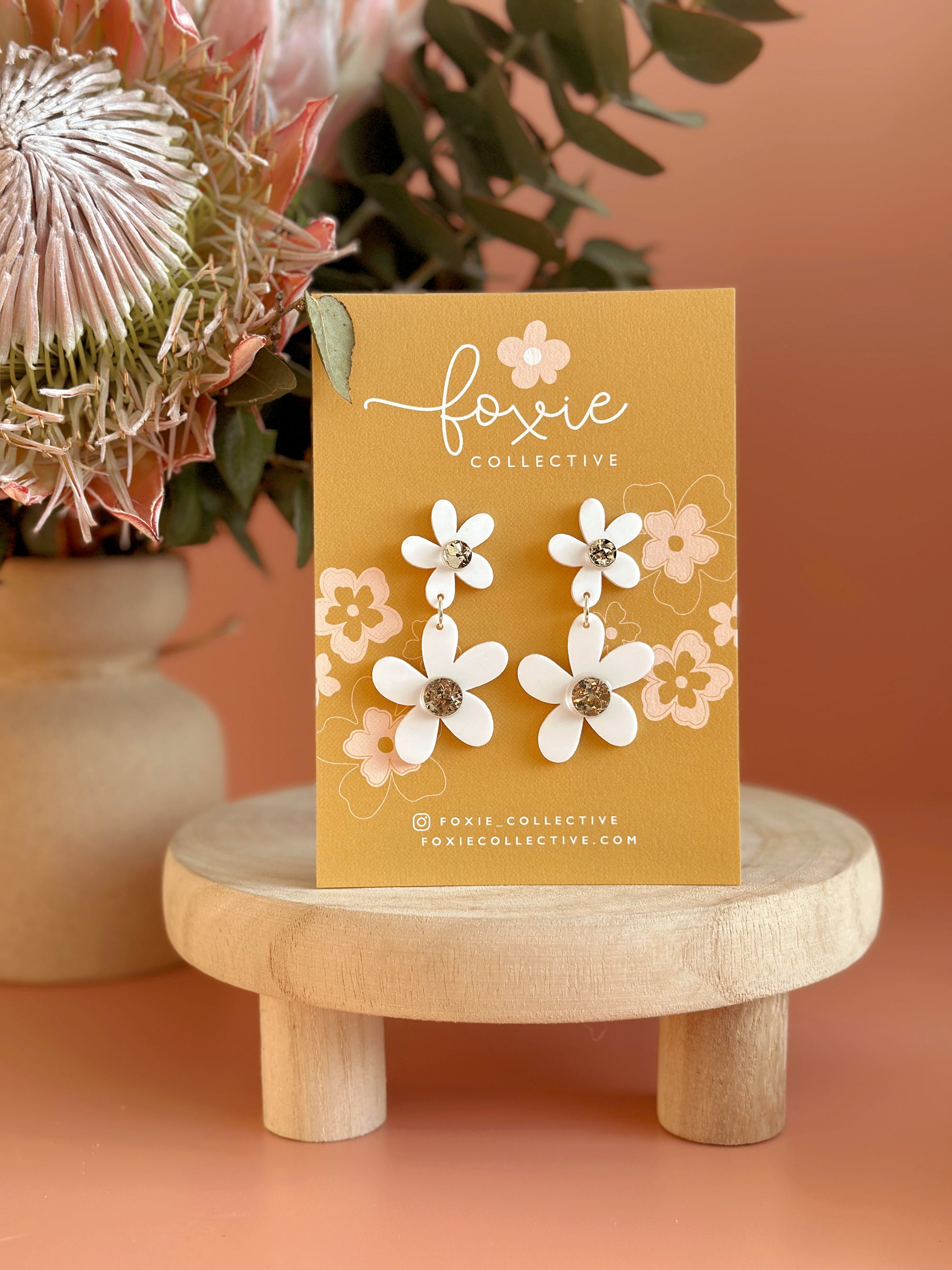 Double Daisy Dangles | Matte White + Gold Sparkle