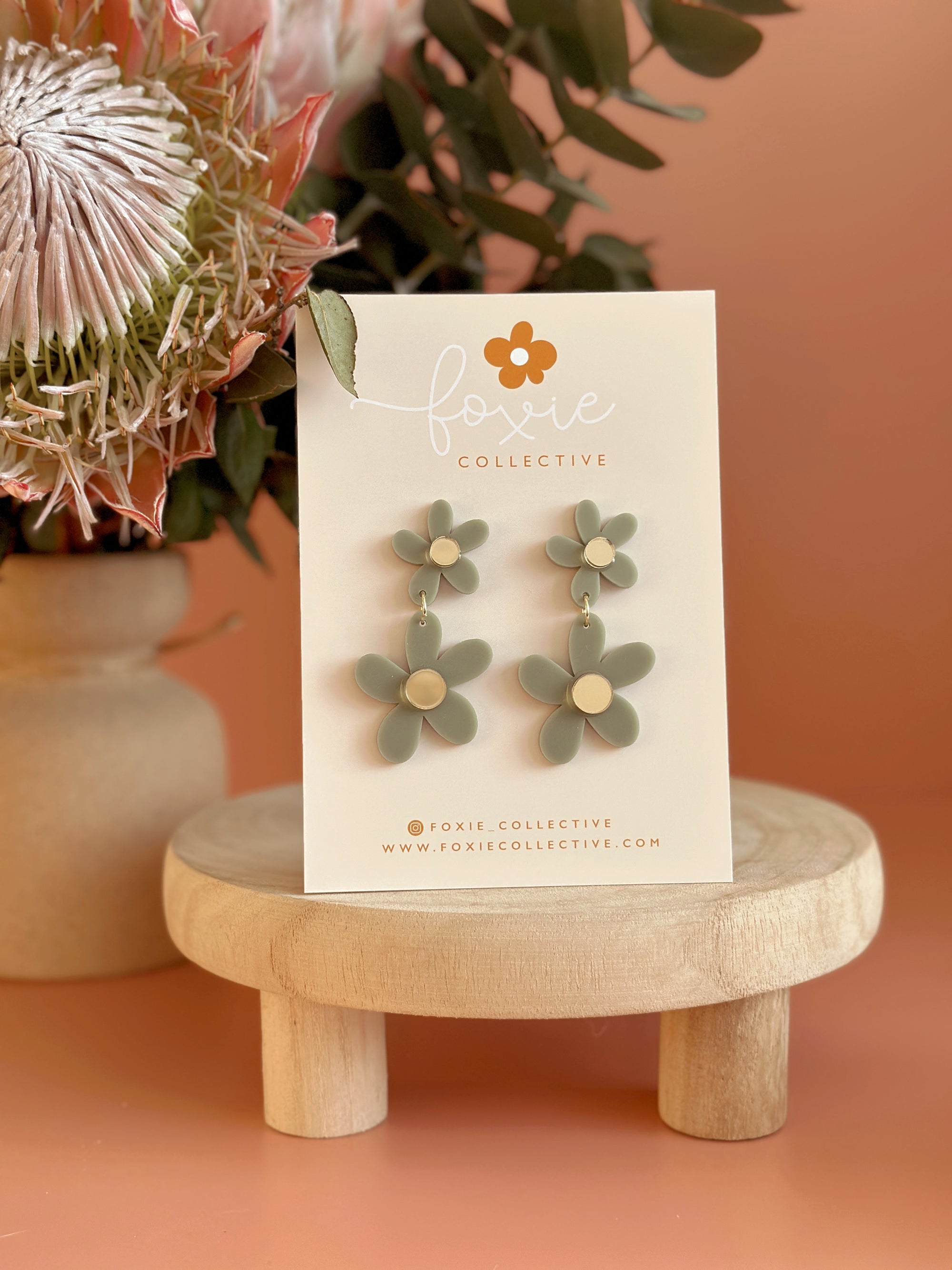 Double Daisy Dangles | Sage + Gold