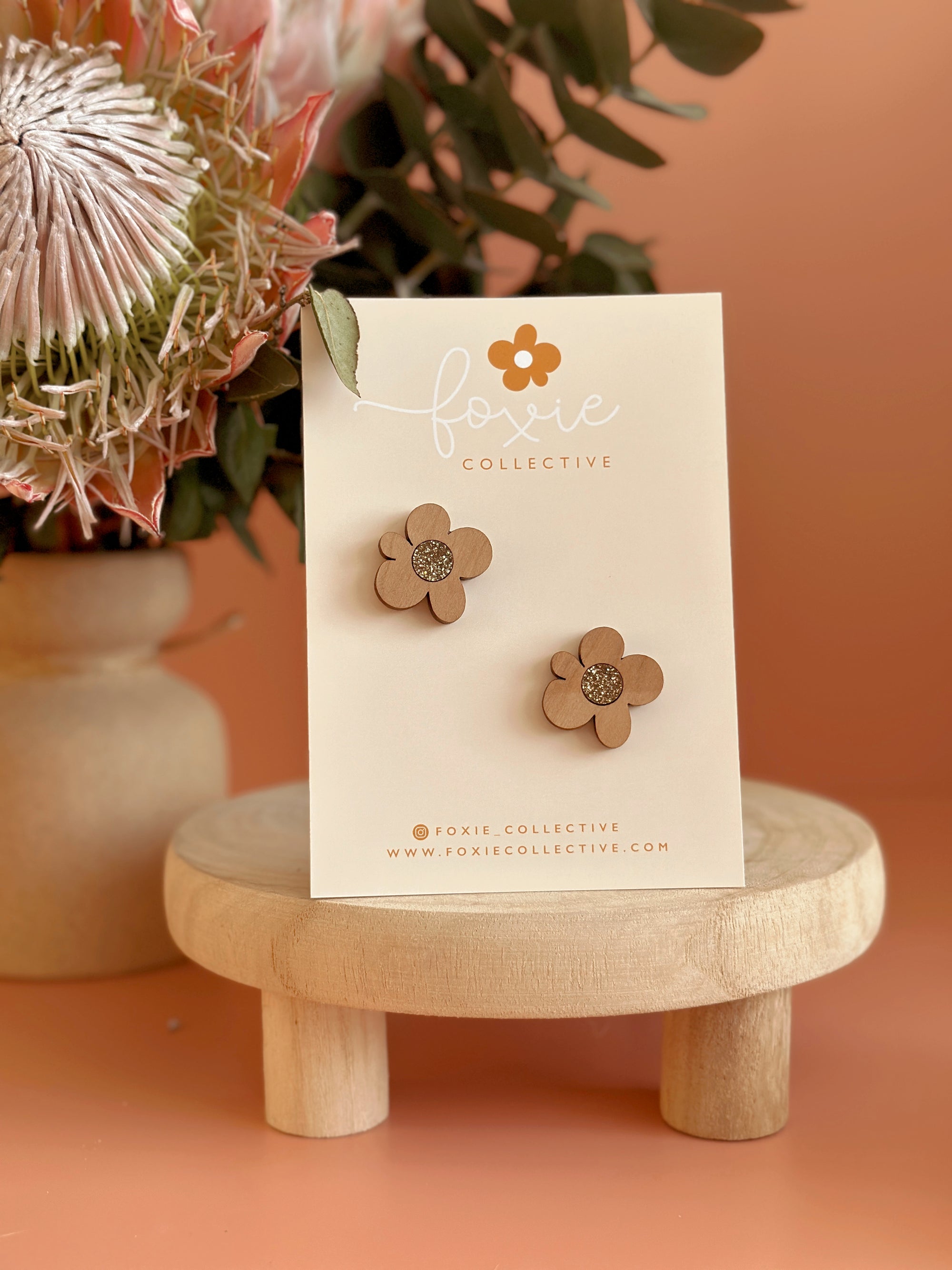 Moon Flower Statement Stud Earrings | Cherrywood + Gold Glitter