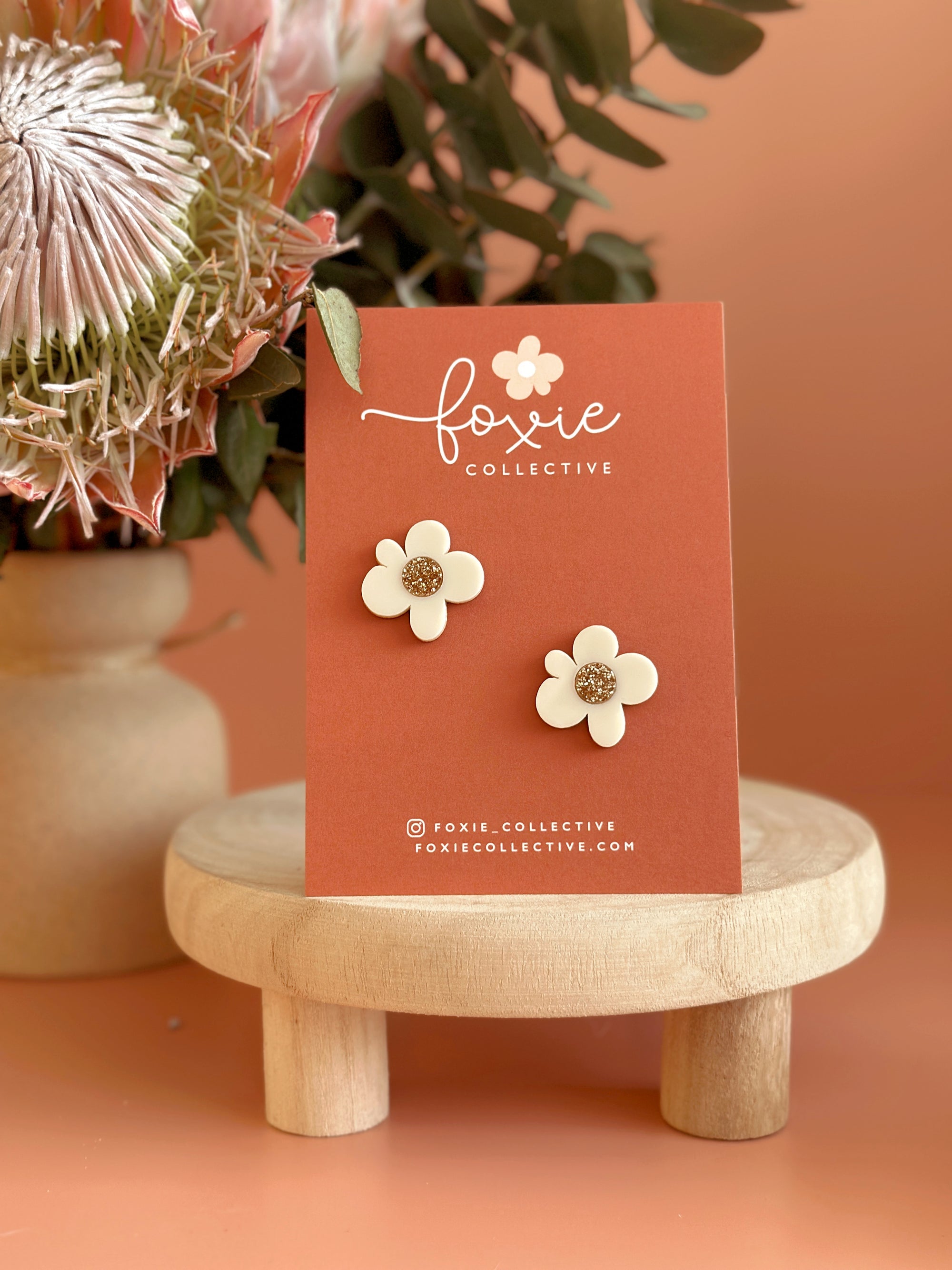 Moon Flower Statement Stud Earrings | Cream + Gold Glitter