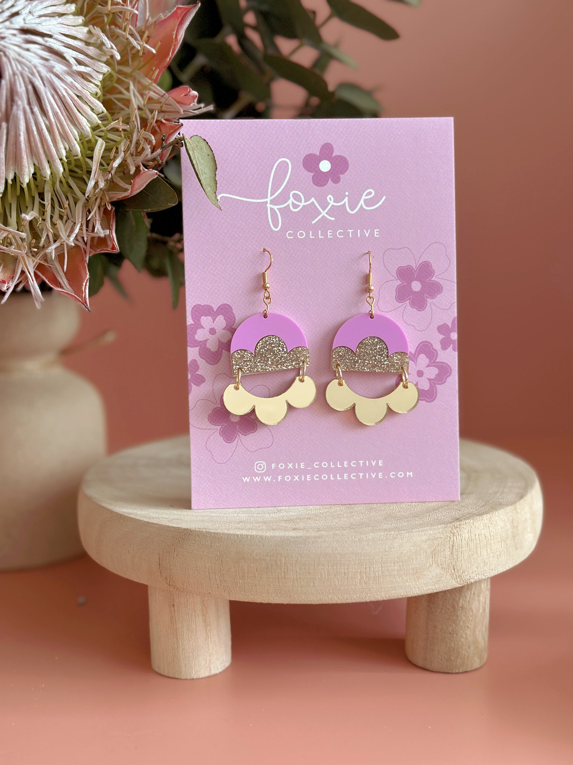 Foxie Earrings | Matte Lilac + Gold Glitter