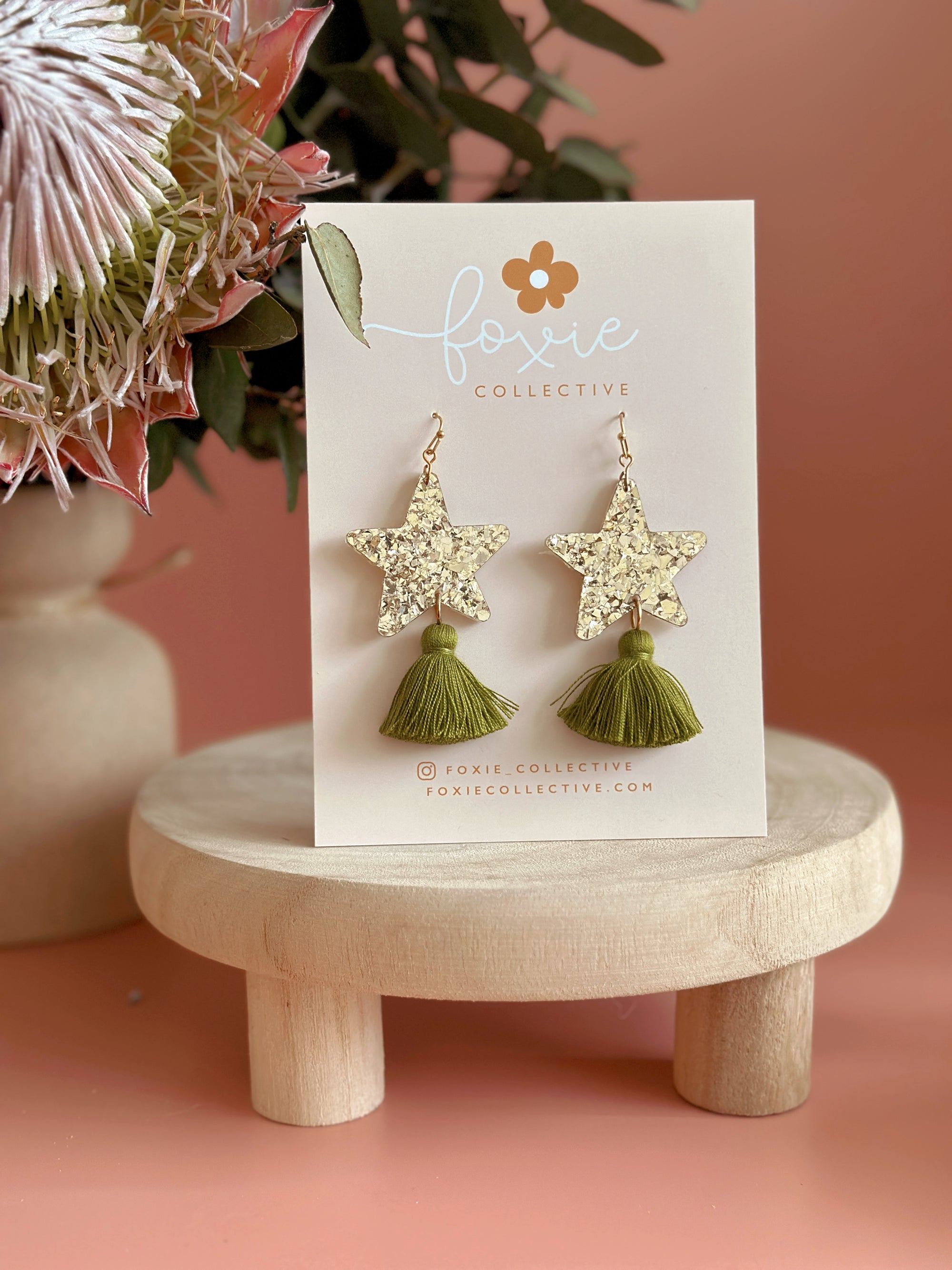 Star Dust Dangles | Gold Sparkle + Olive Green