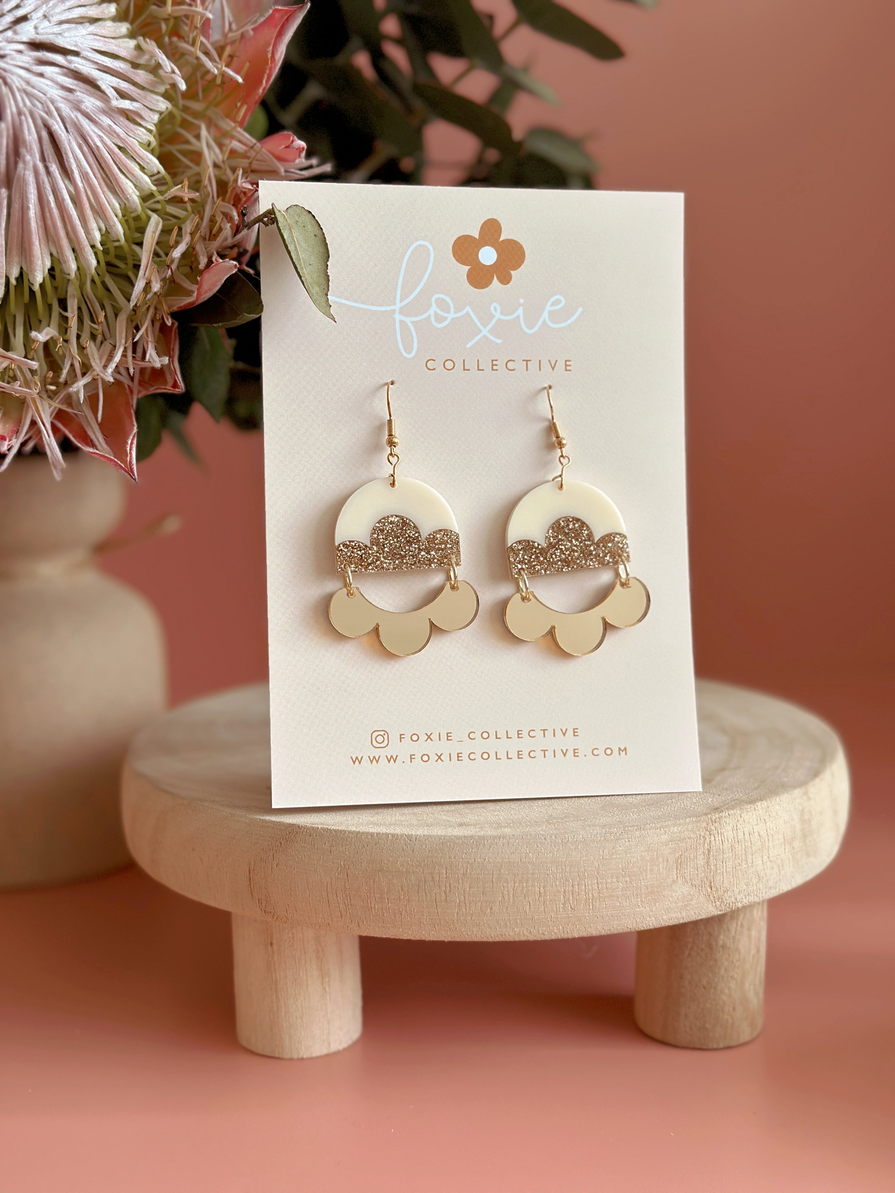 Foxie Earrings | Cream + Gold + Gold Glitter