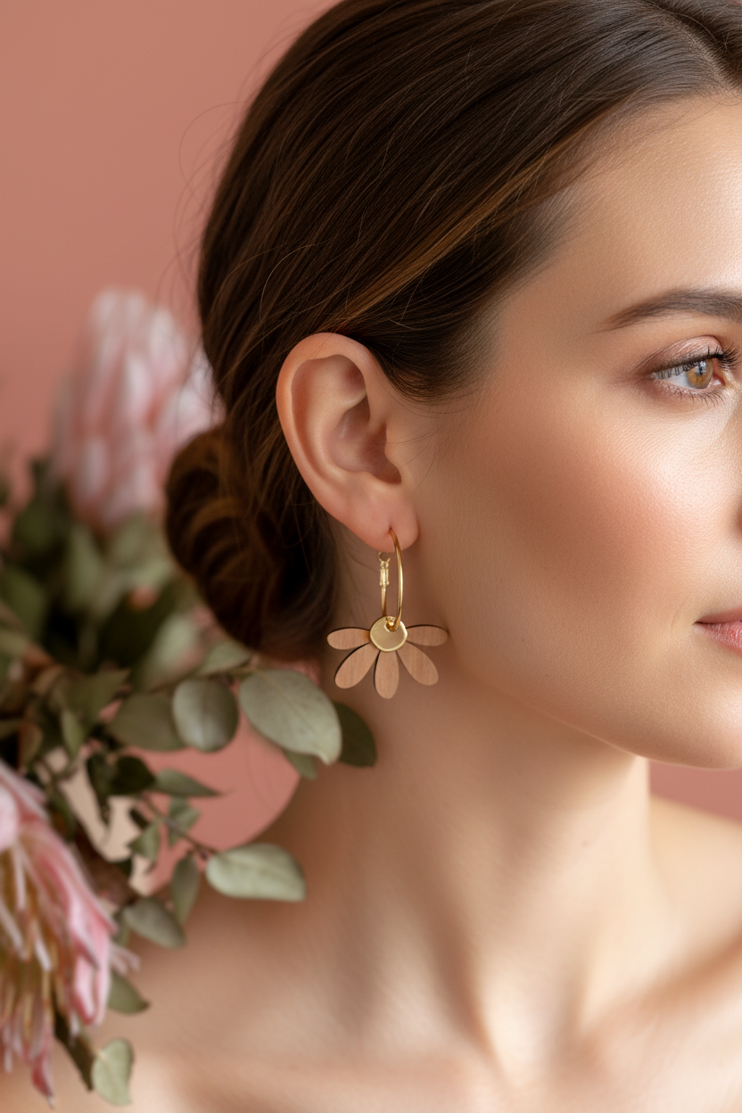 Woman wearing wood and gold flower earrings with a soft pink background