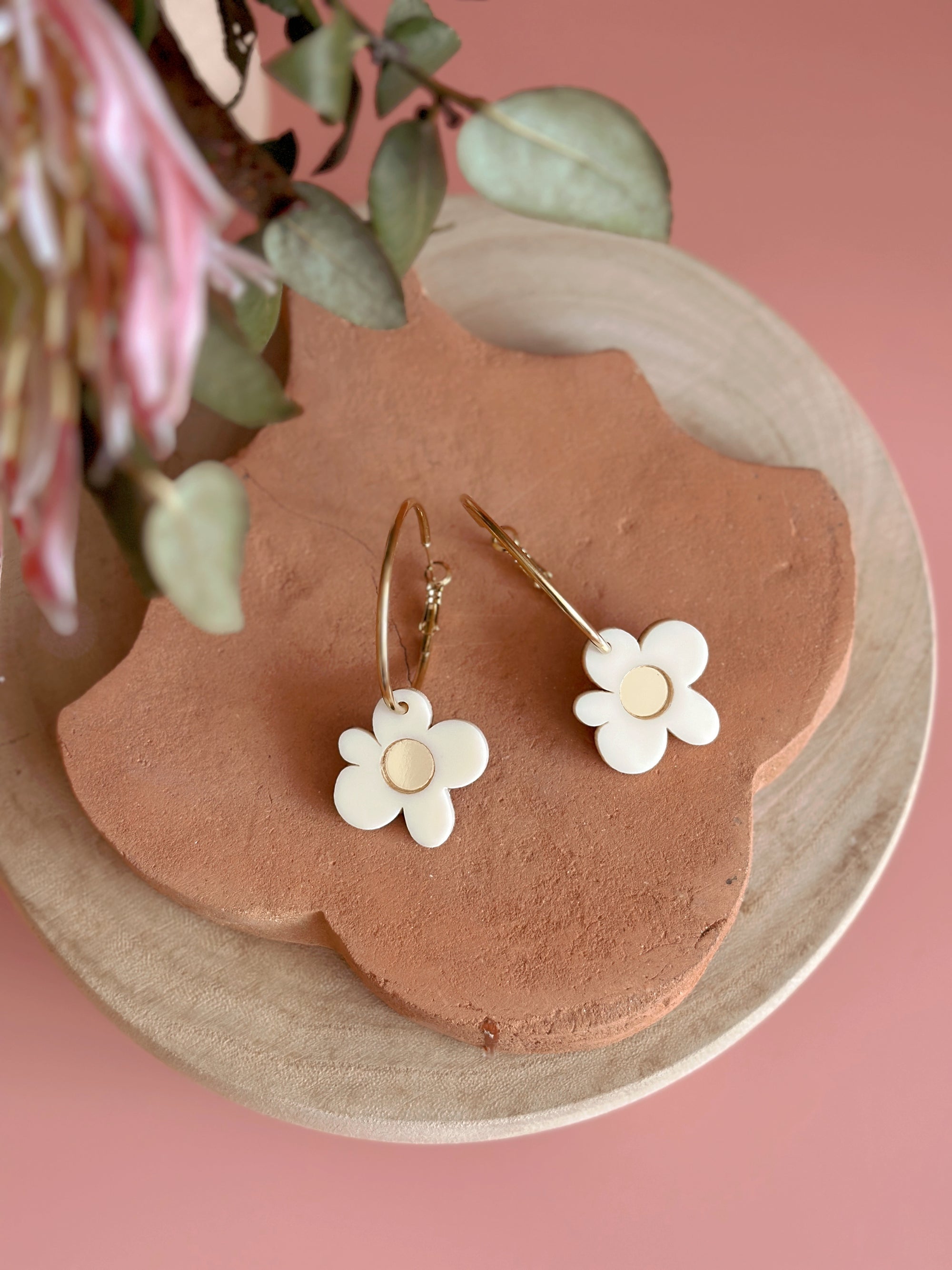 Moon Flower Hoop Earrings | Cream + Gold