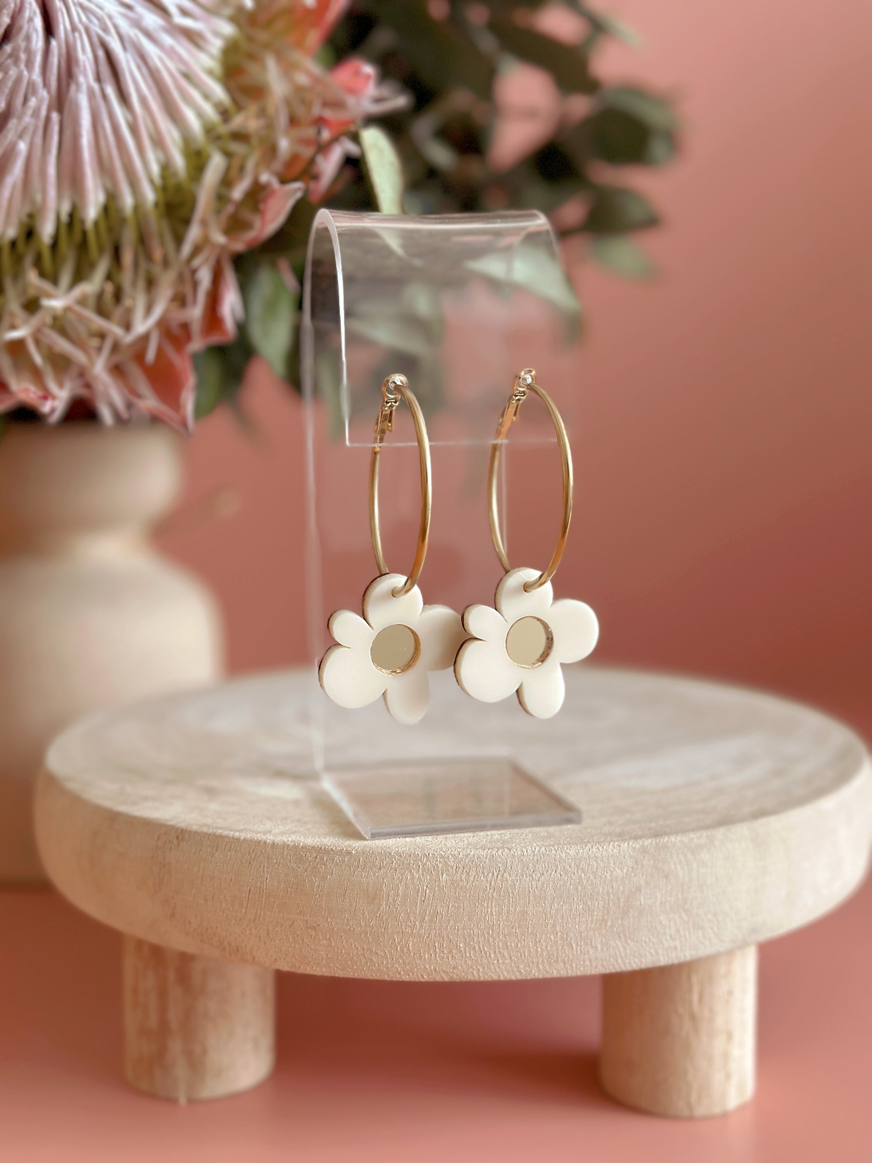 Moon Flower Hoop Earrings | Cream + Gold