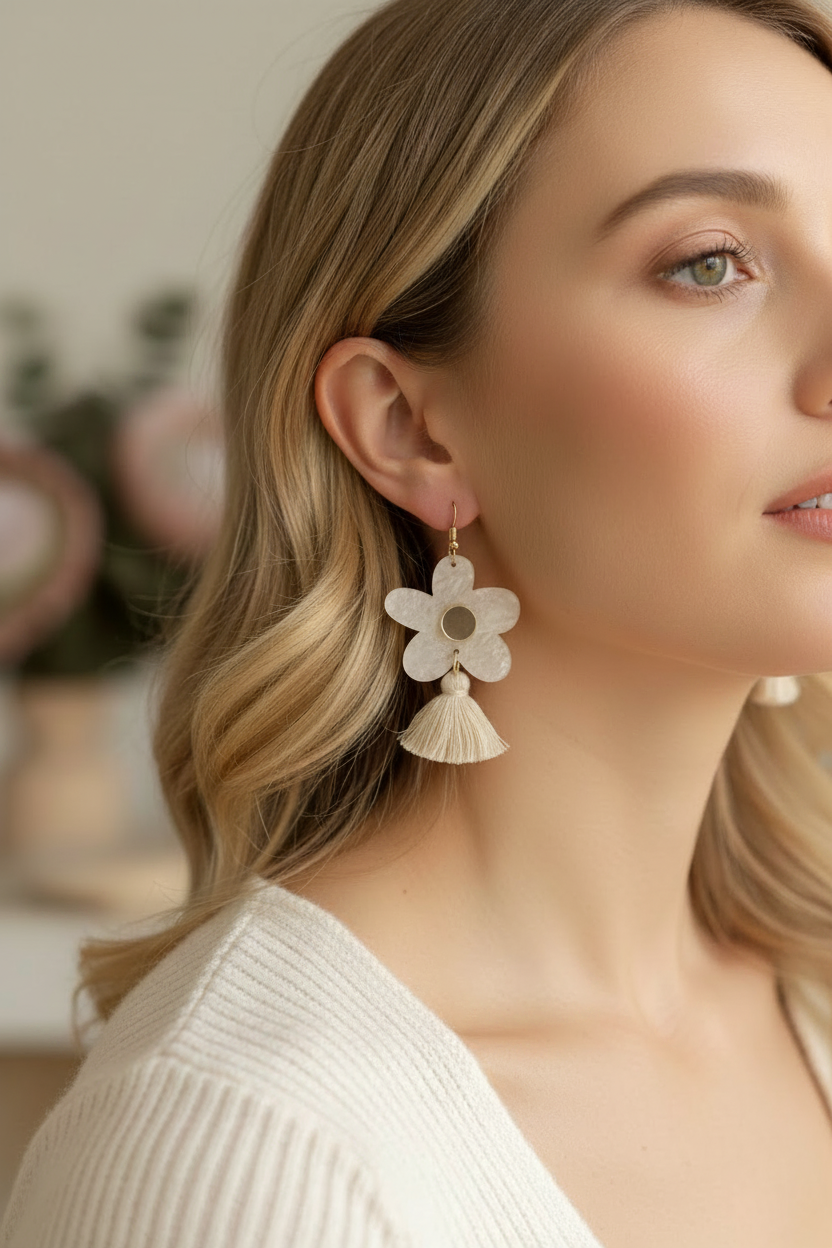 Bella Tassel Dangles | Cream Swirl + Gold