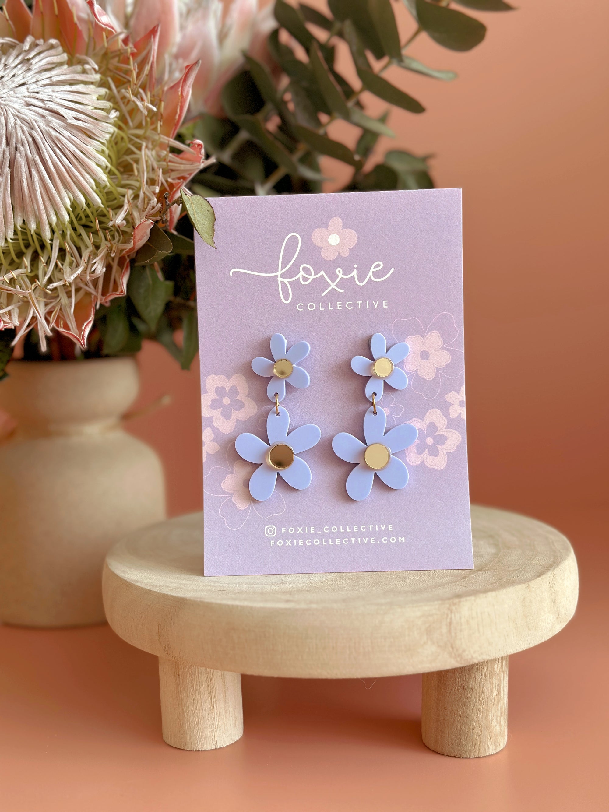 Double Daisy Dangles | Periwinkle + Gold