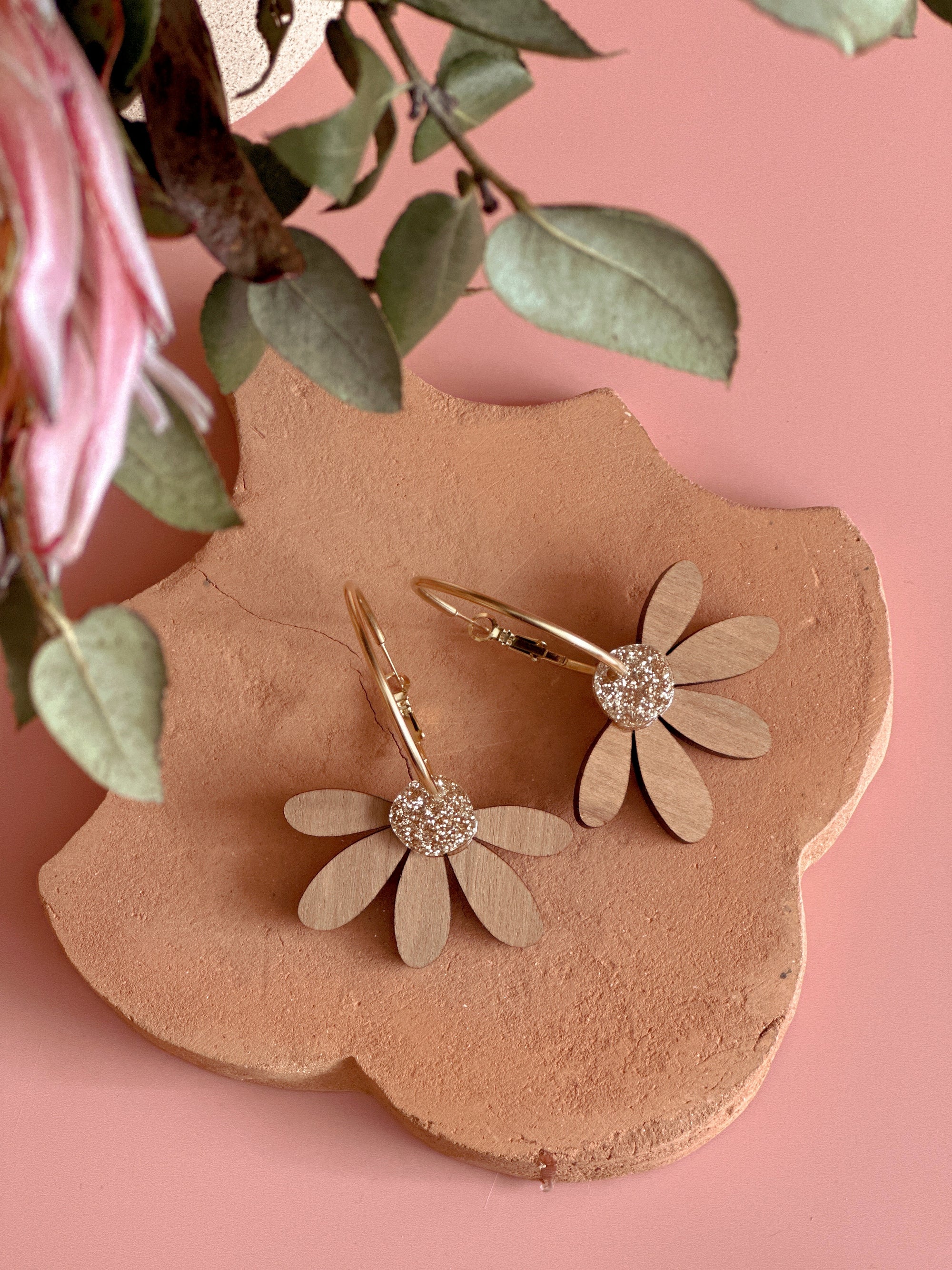 Jumbo Daisy Hoop Earrings | Cherrywood + Gold Glitter