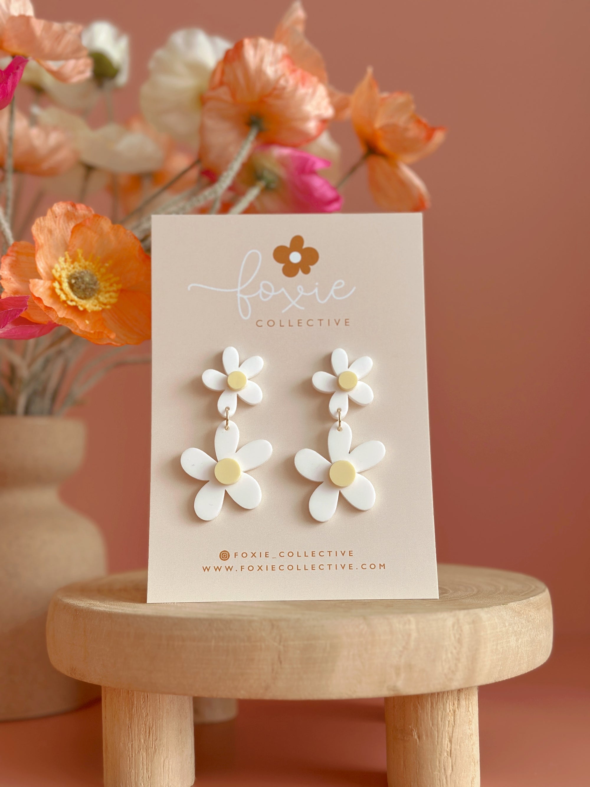 Double Daisy Dangles | Matte White + Yellow
