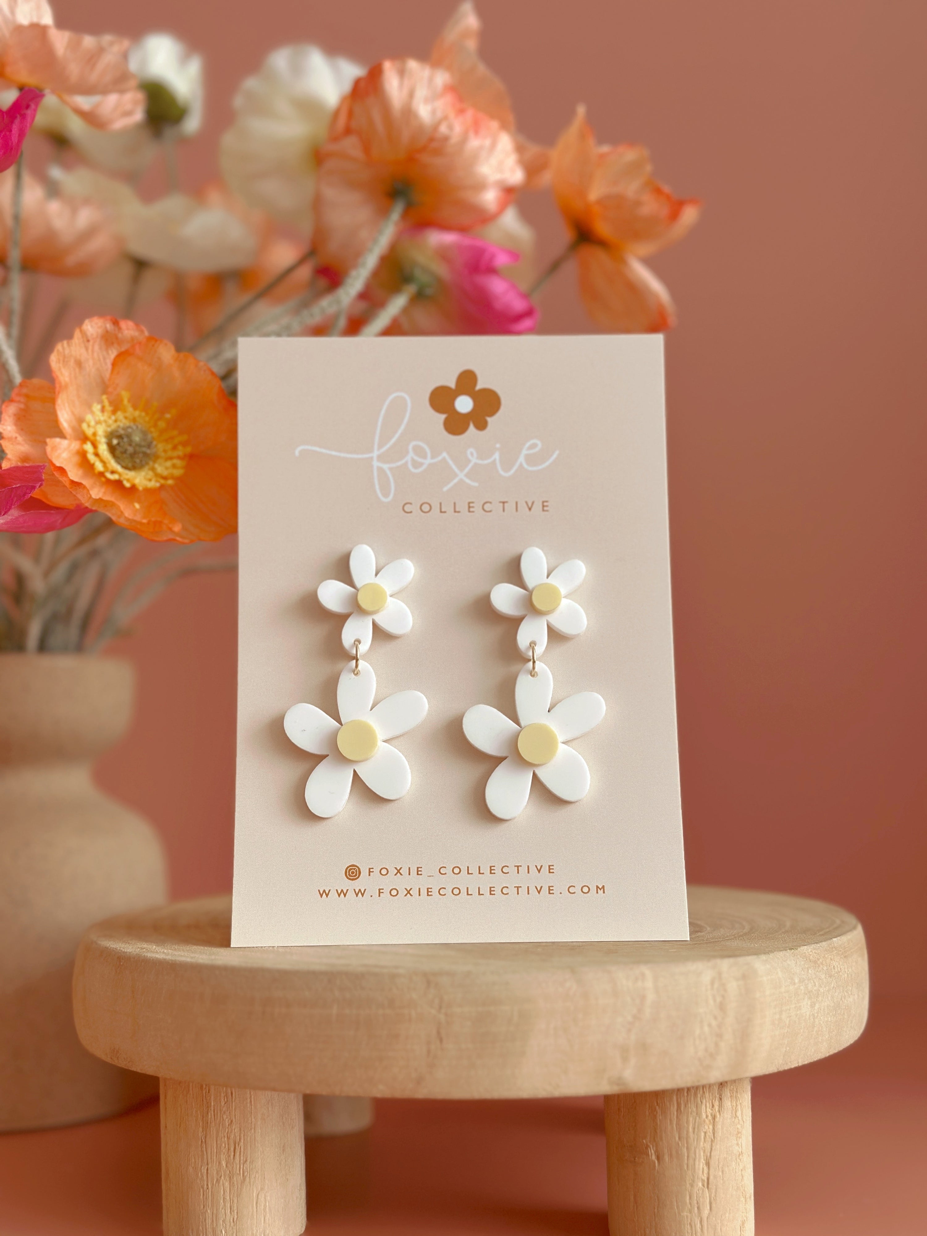 Double Daisy Dangles | Matte White + Yellow