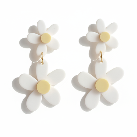 Double Daisy Dangles | Matte White + Yellow