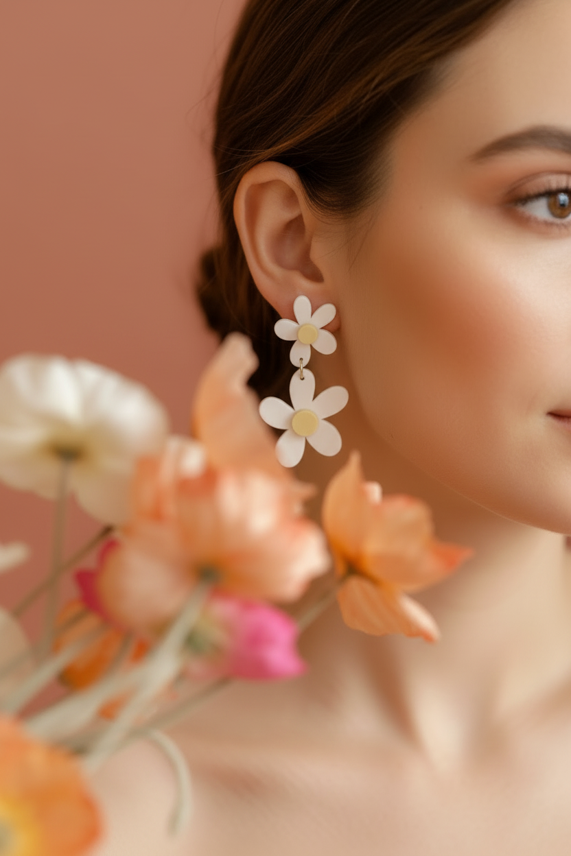 Double Daisy Dangles | Matte White + Yellow