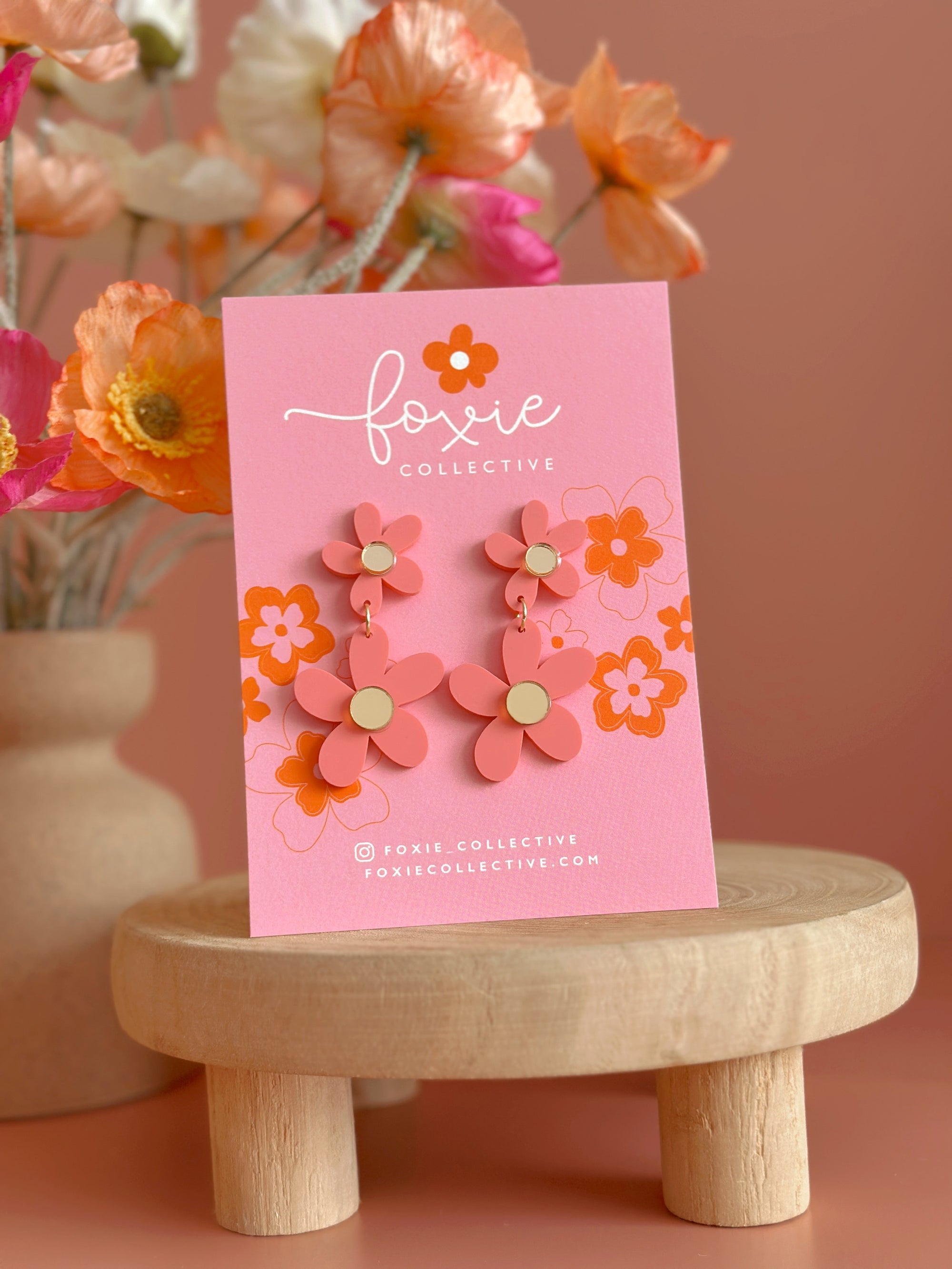 Double Daisy Dangles | Pastel Raspberry + Gold