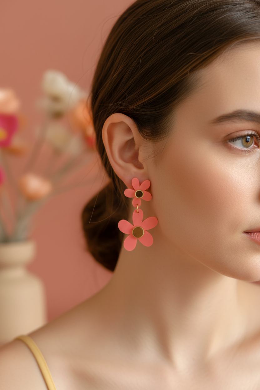 Double Daisy Dangles | Pastel Raspberry + Gold