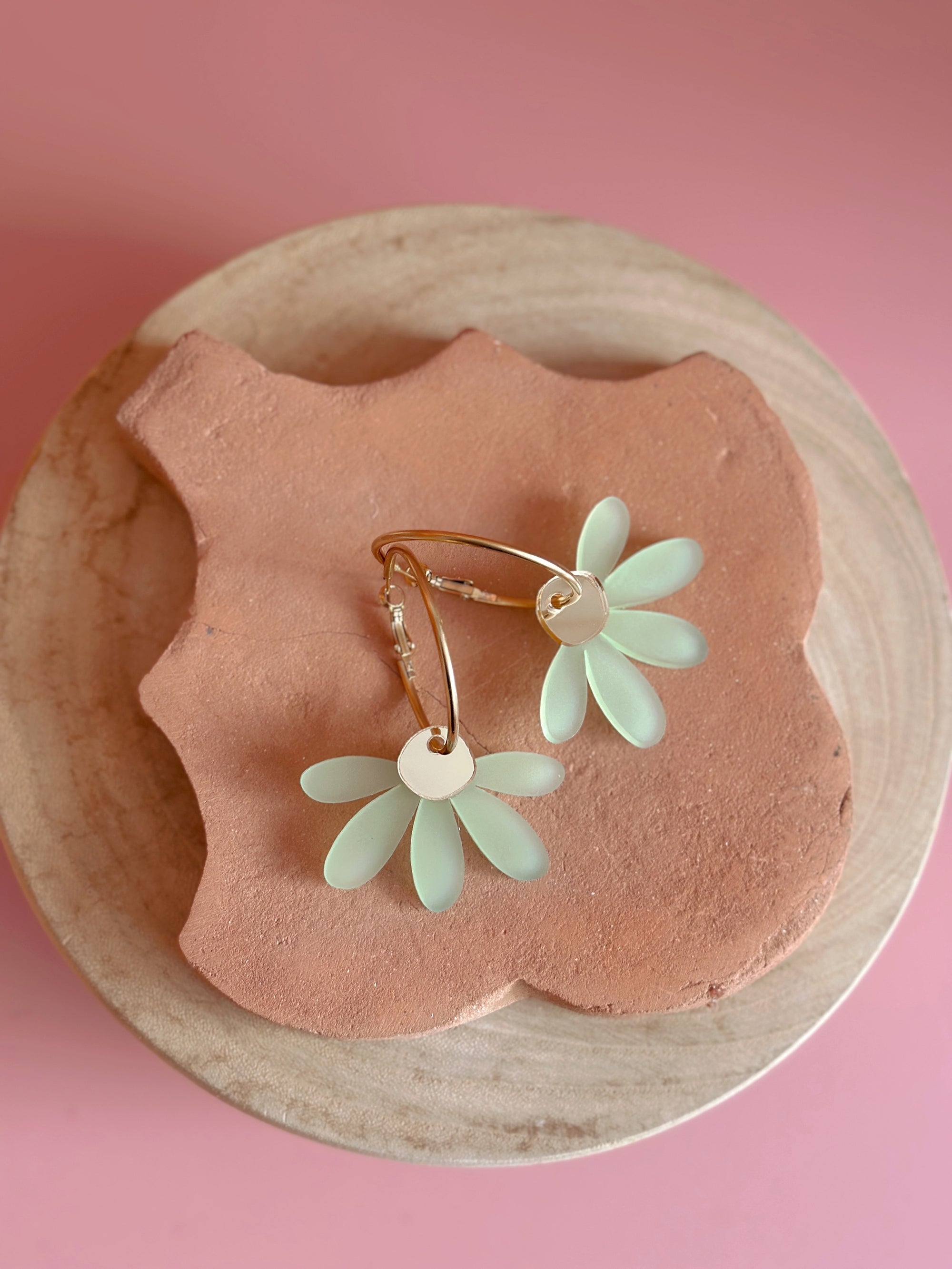 Daisy Flower Hoop Earrings | Frosted Pastel Green + Gold