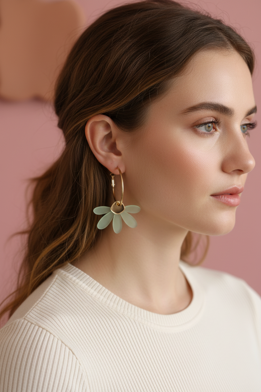 Daisy Flower Hoop Earrings | Frosted Pastel Green + Gold