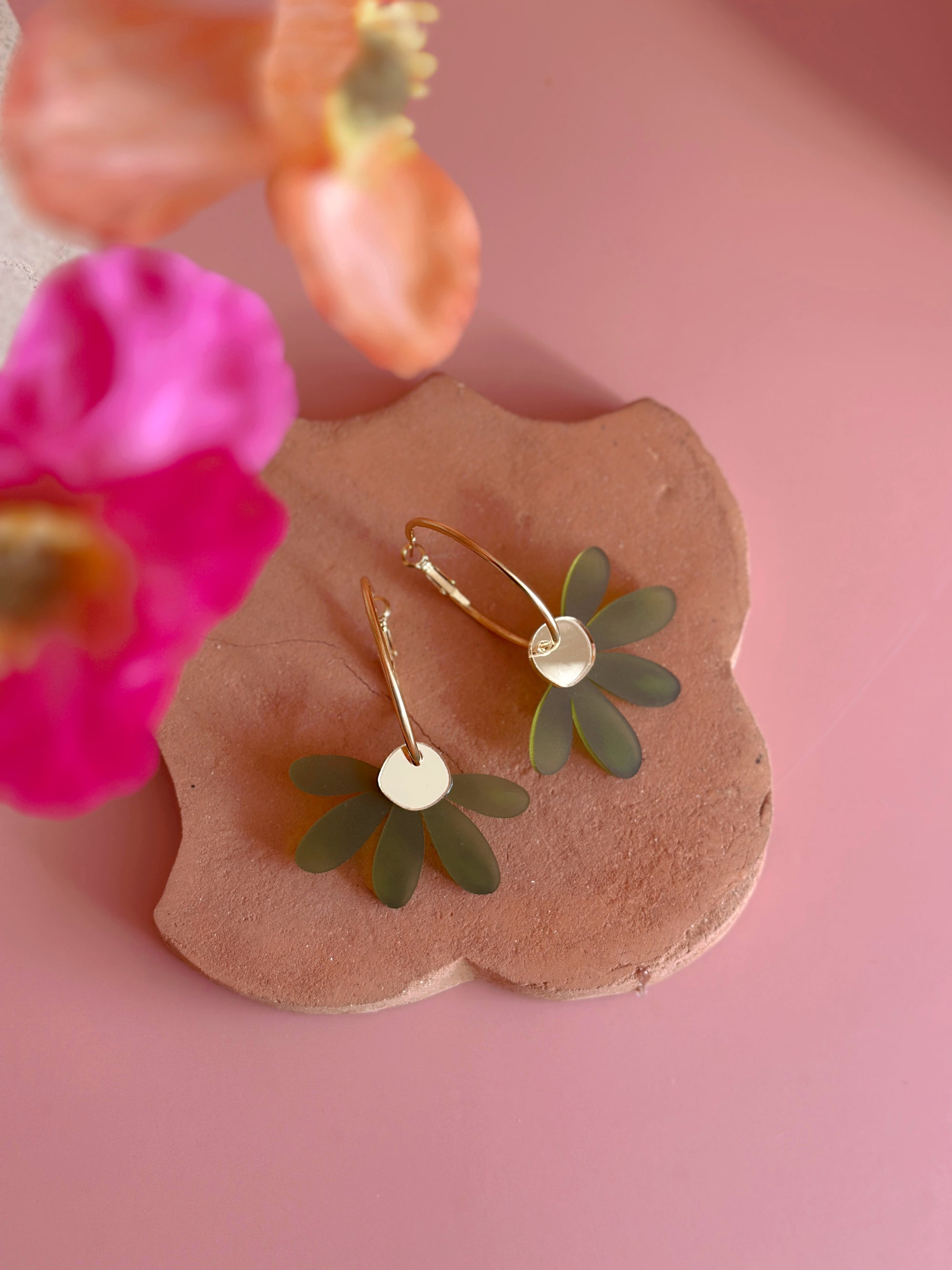 Jumbo Daisy Hoop Earrings | Frosted Olive Green + Gold