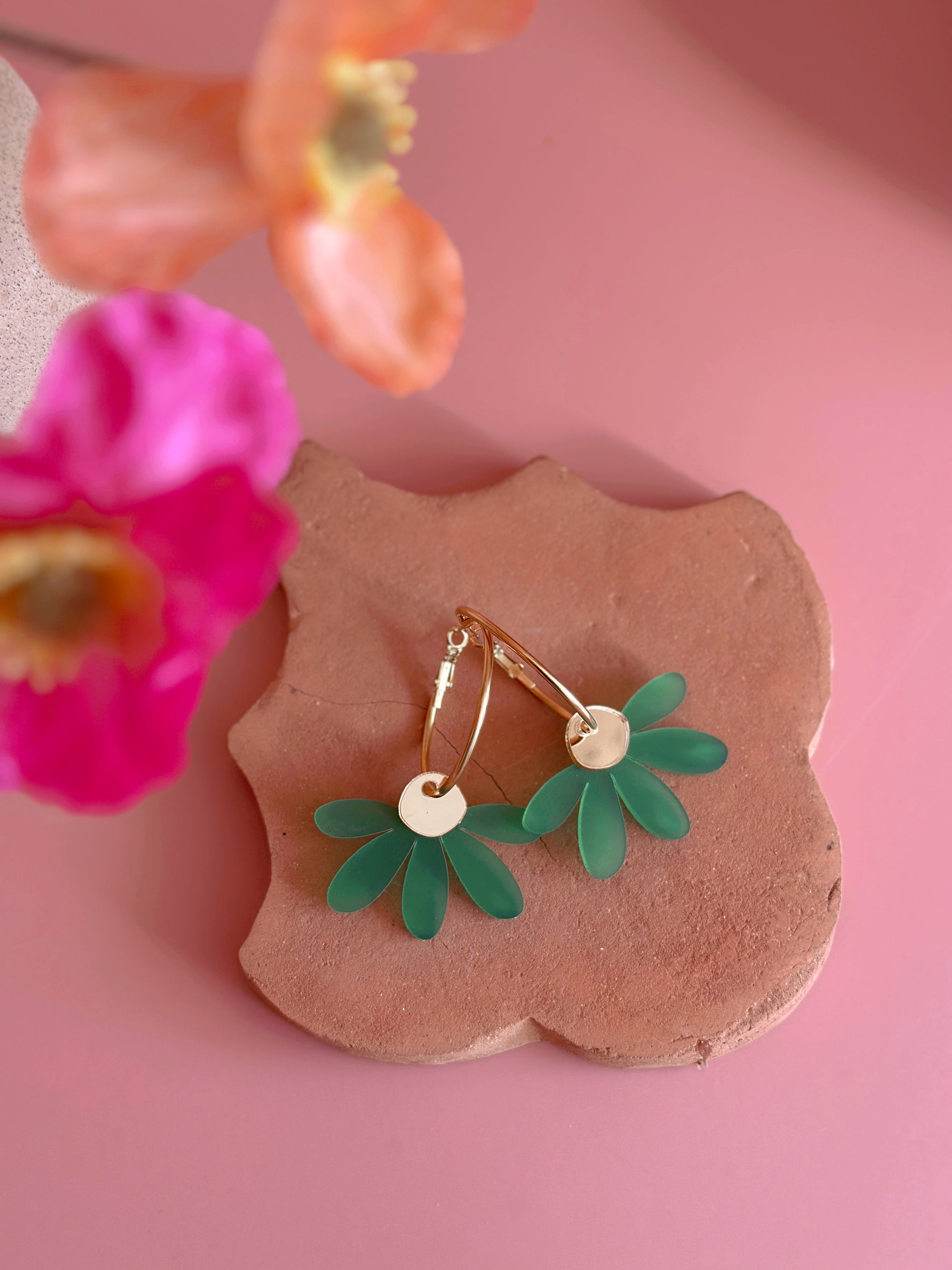 Daisy Flower Hoop Earrings | Frosted Bright Green + Gold