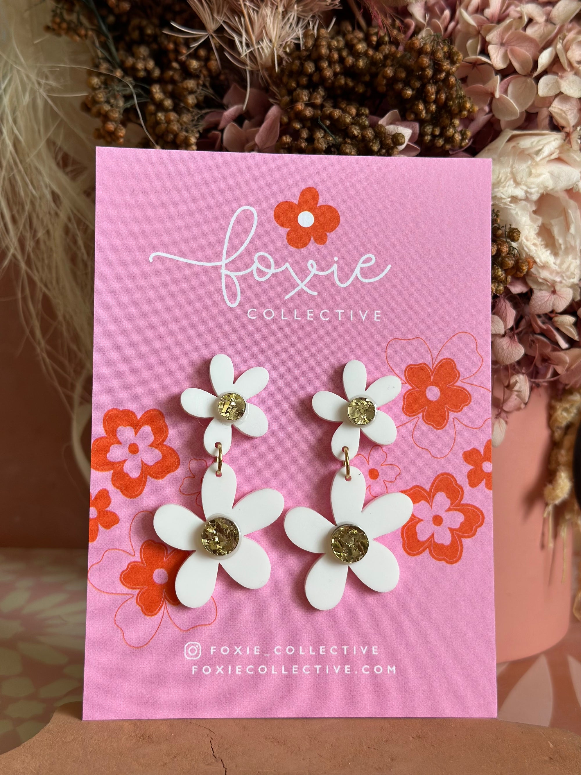 Double Daisy Dangles | Matte White + Gold Sparkle