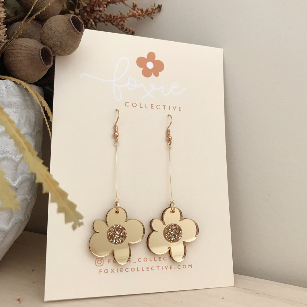 Moon Flower Dangle Earrings | Gold Glitter + Gold
