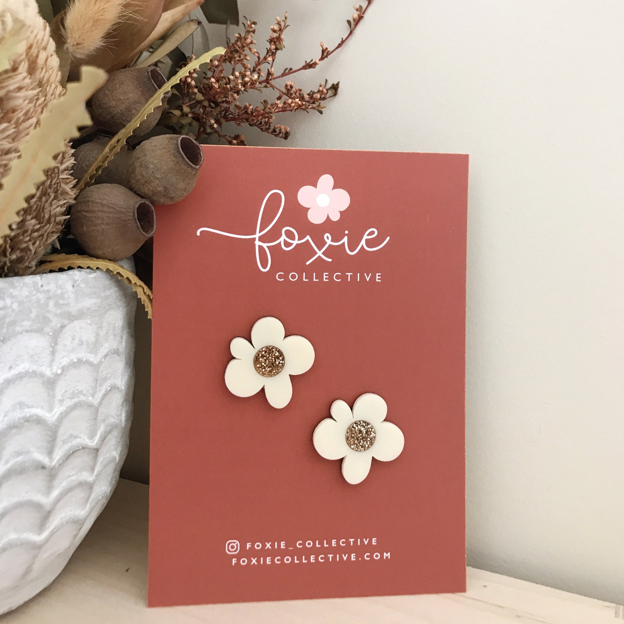 Moon Flower Statement Stud Earrings | Cream + Gold Glitter