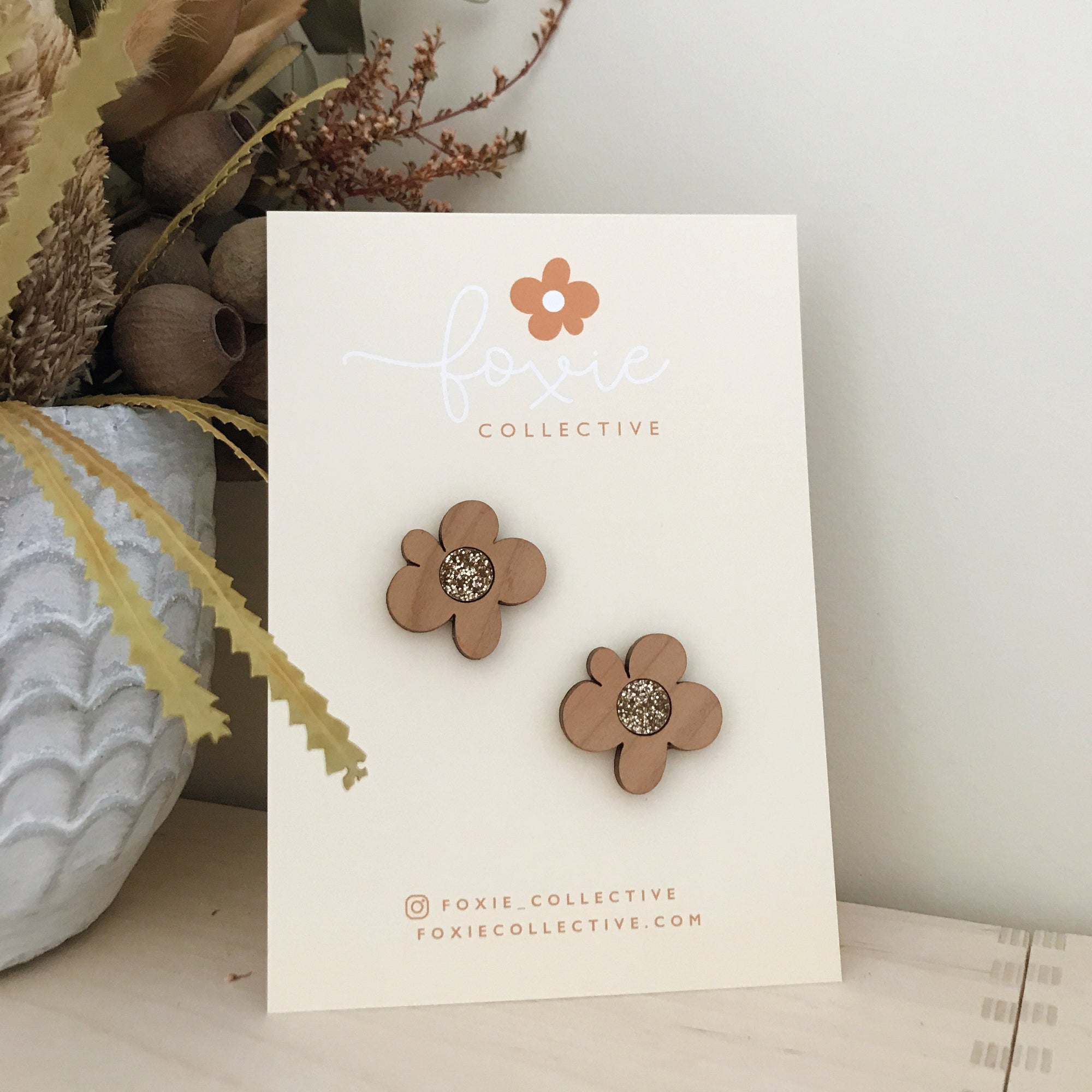 Moon Flower Statement Stud Earrings | Cherrywood + Gold Glitter