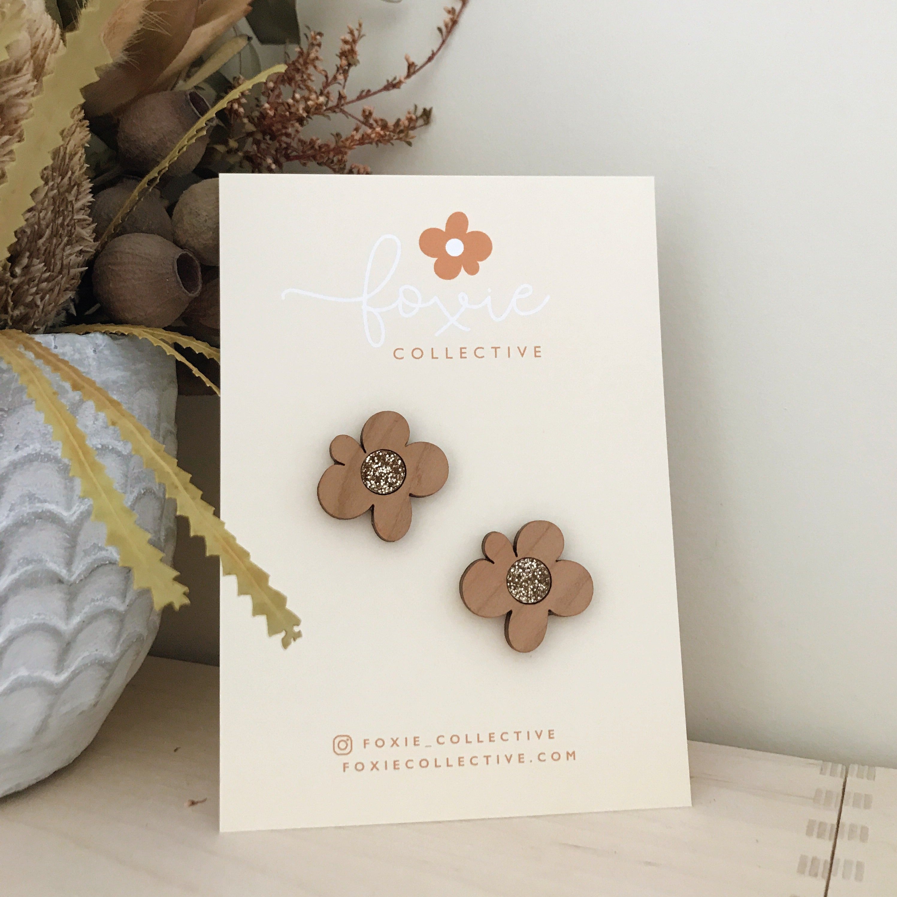 Moon Flower Statement Stud Earrings | Cherrywood + Gold Glitter