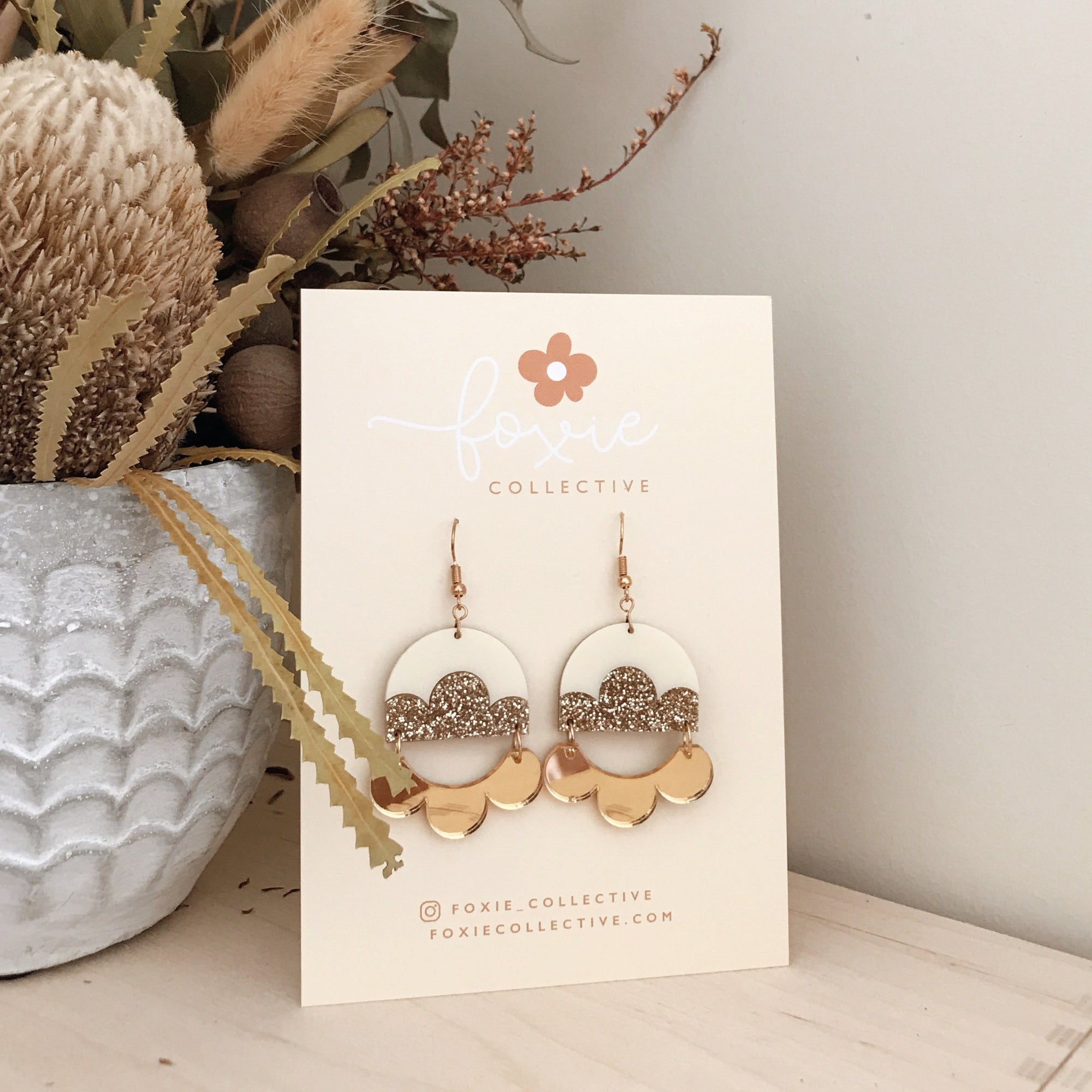 Foxie Earrings | Cream + Gold + Gold Glitter