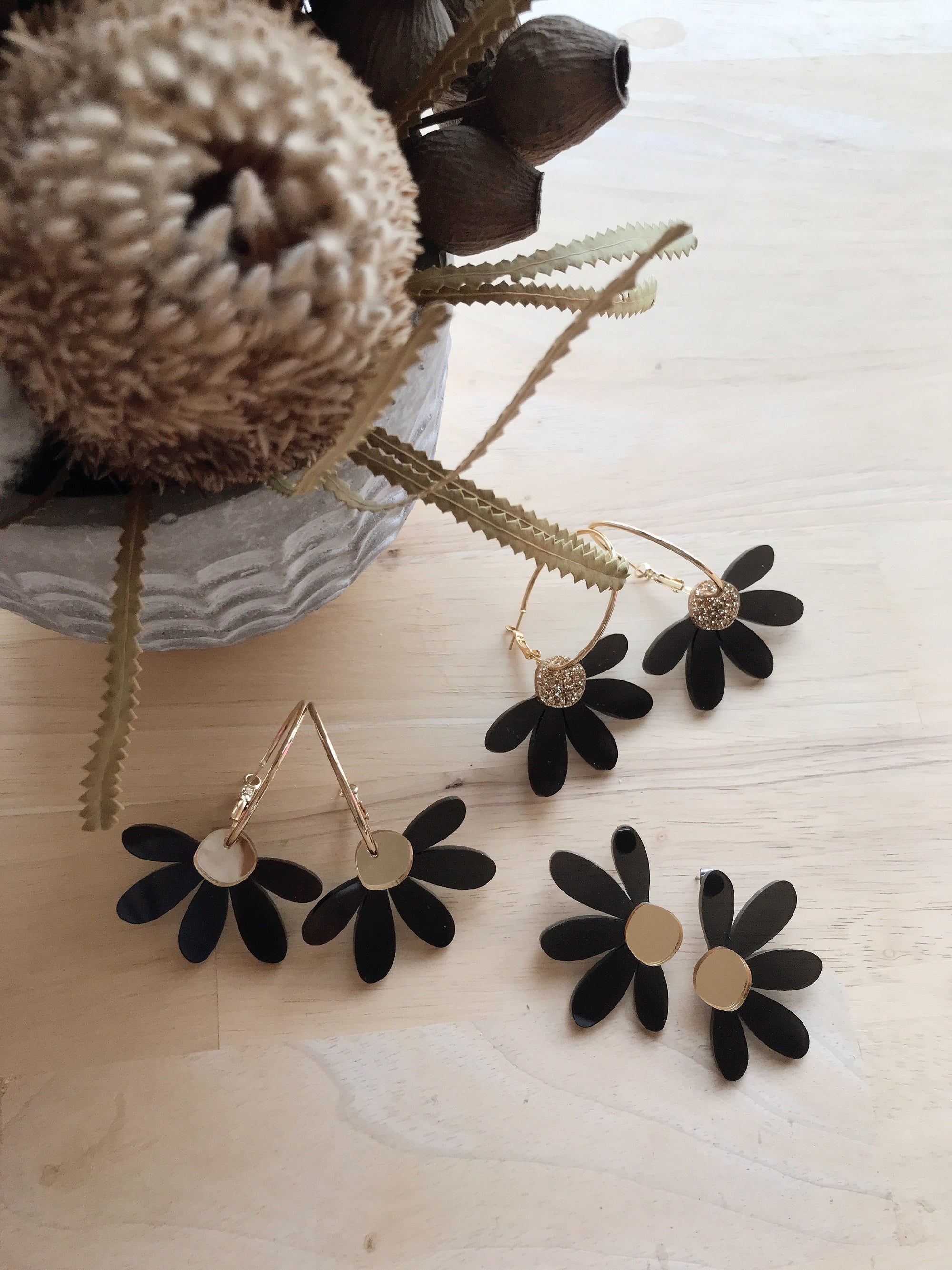 Jumbo Daisy Hoop Earrings | Black + Gold Glitter