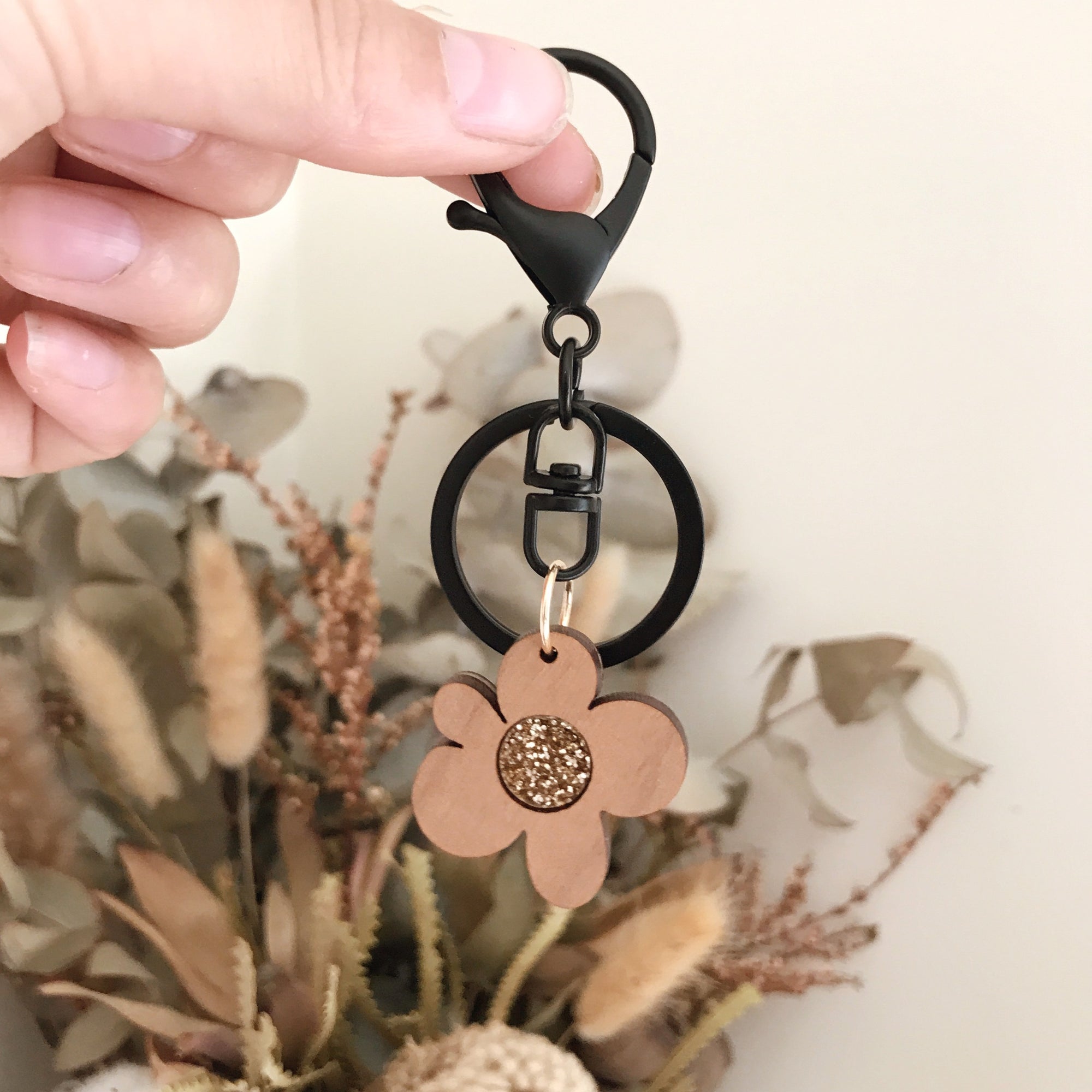Flower Keyring | Cherrywood + Gold Glitter