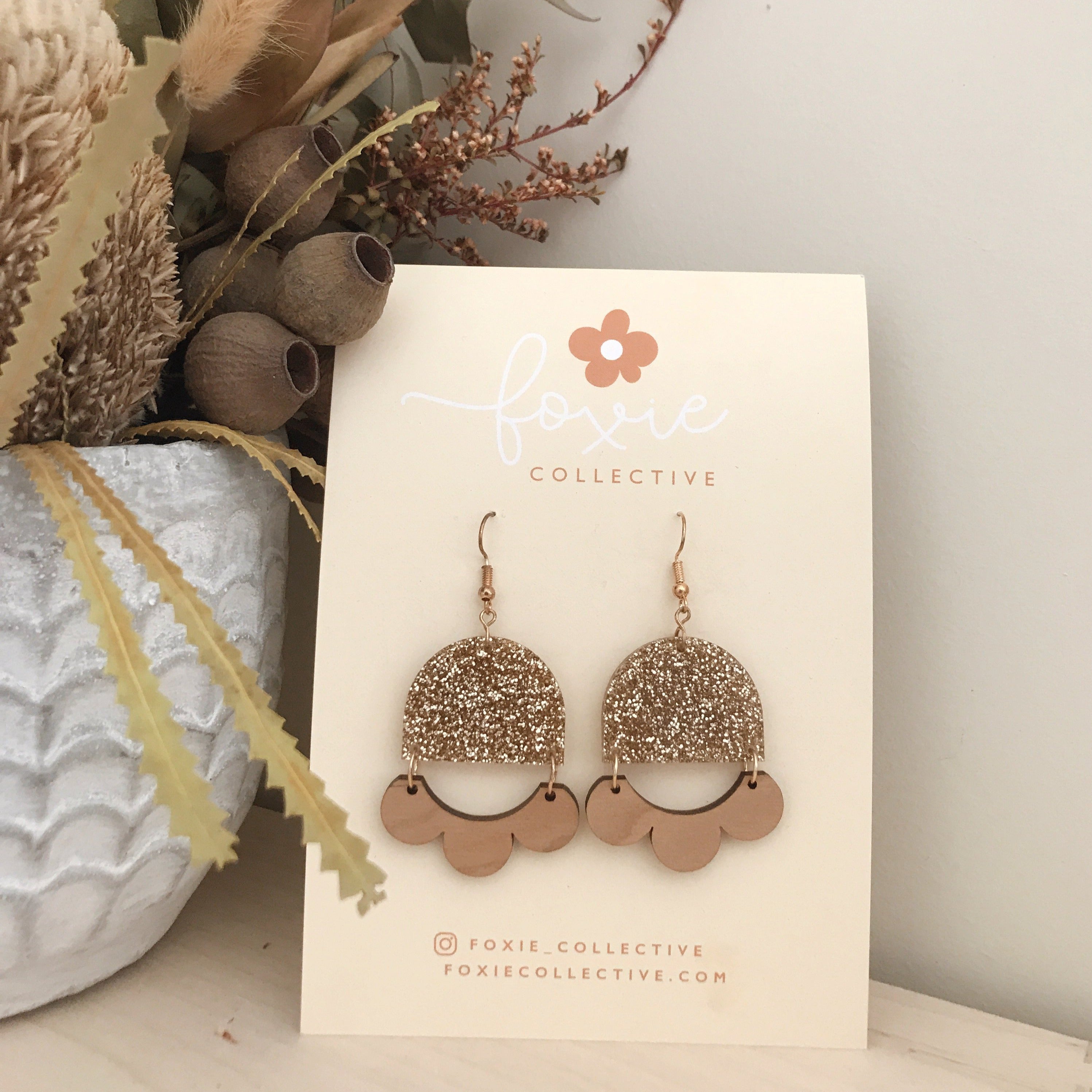 Marlie Dangle Earrings | Gold Glitter + Cherrywood