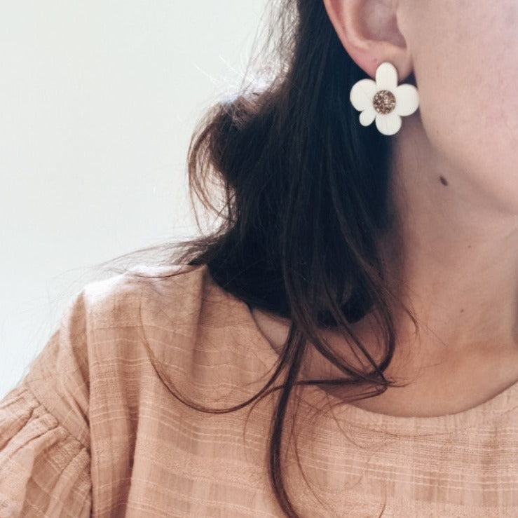 Moon Flower Statement Stud Earrings | Cream + Gold Glitter