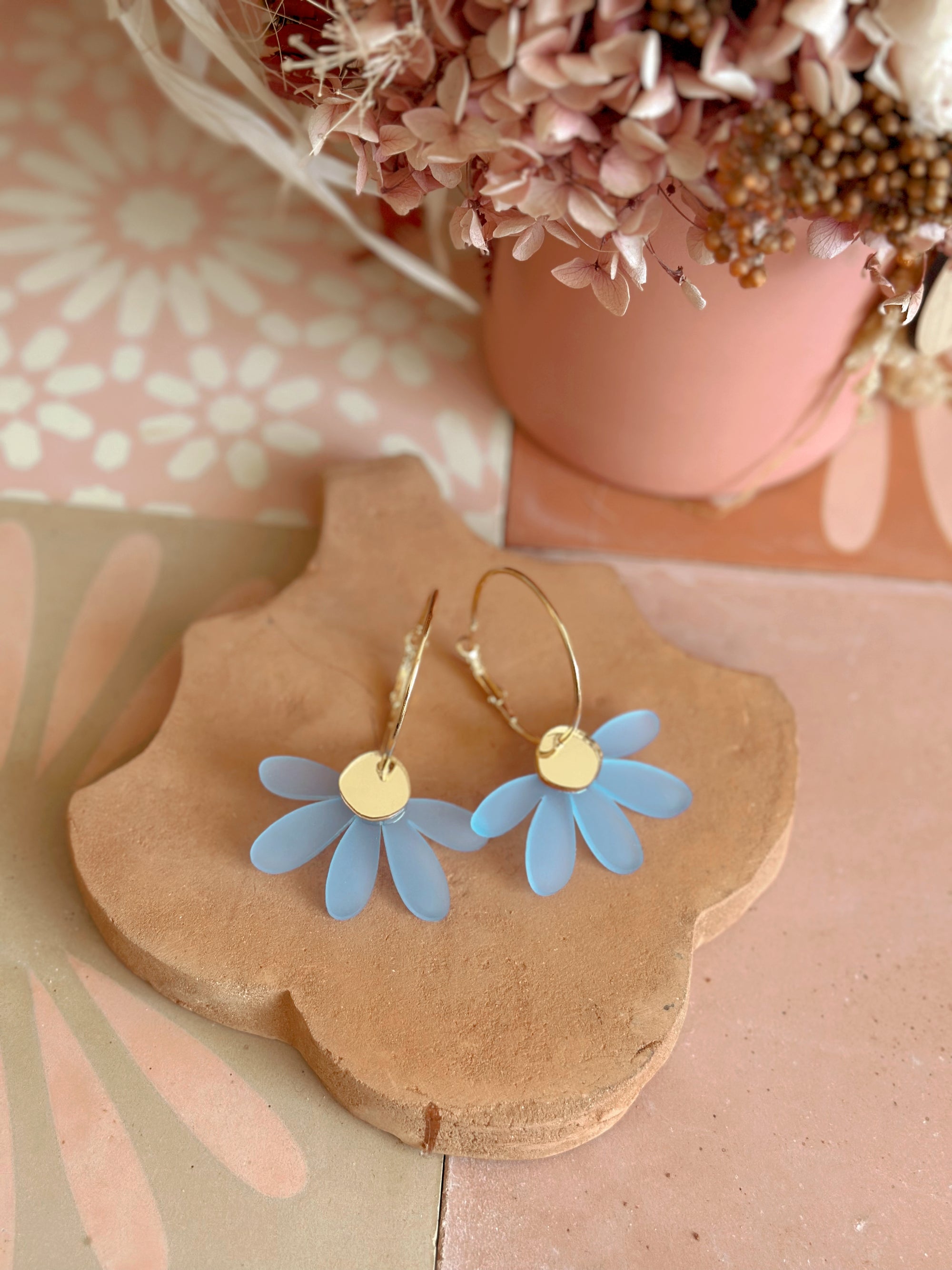 Daisy Flower Hoop Earrings | Frosted Blue + Gold