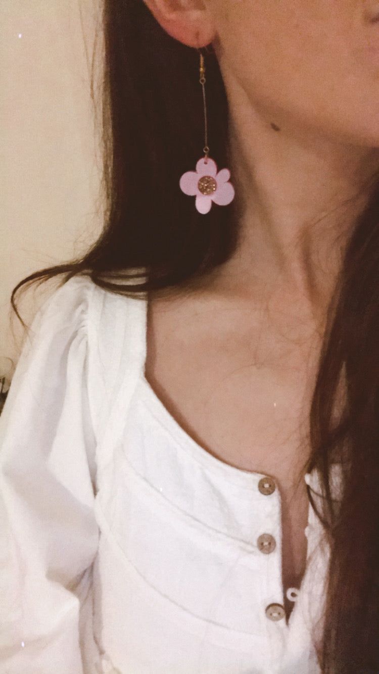 Moon Flower Dangle Earrings | Lilac + Gold Glitter