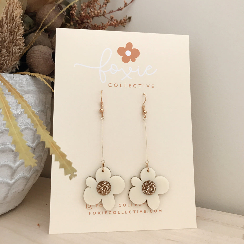Moon Flower Dangle Earrings | Cream + Gold Glitter