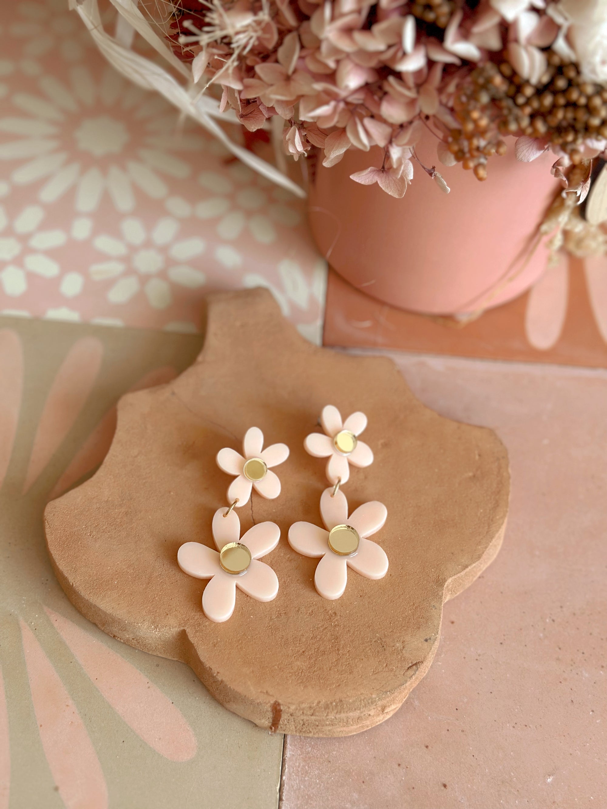 Double Daisy Dangles | Pale Pink + Gold | WHOLESALE