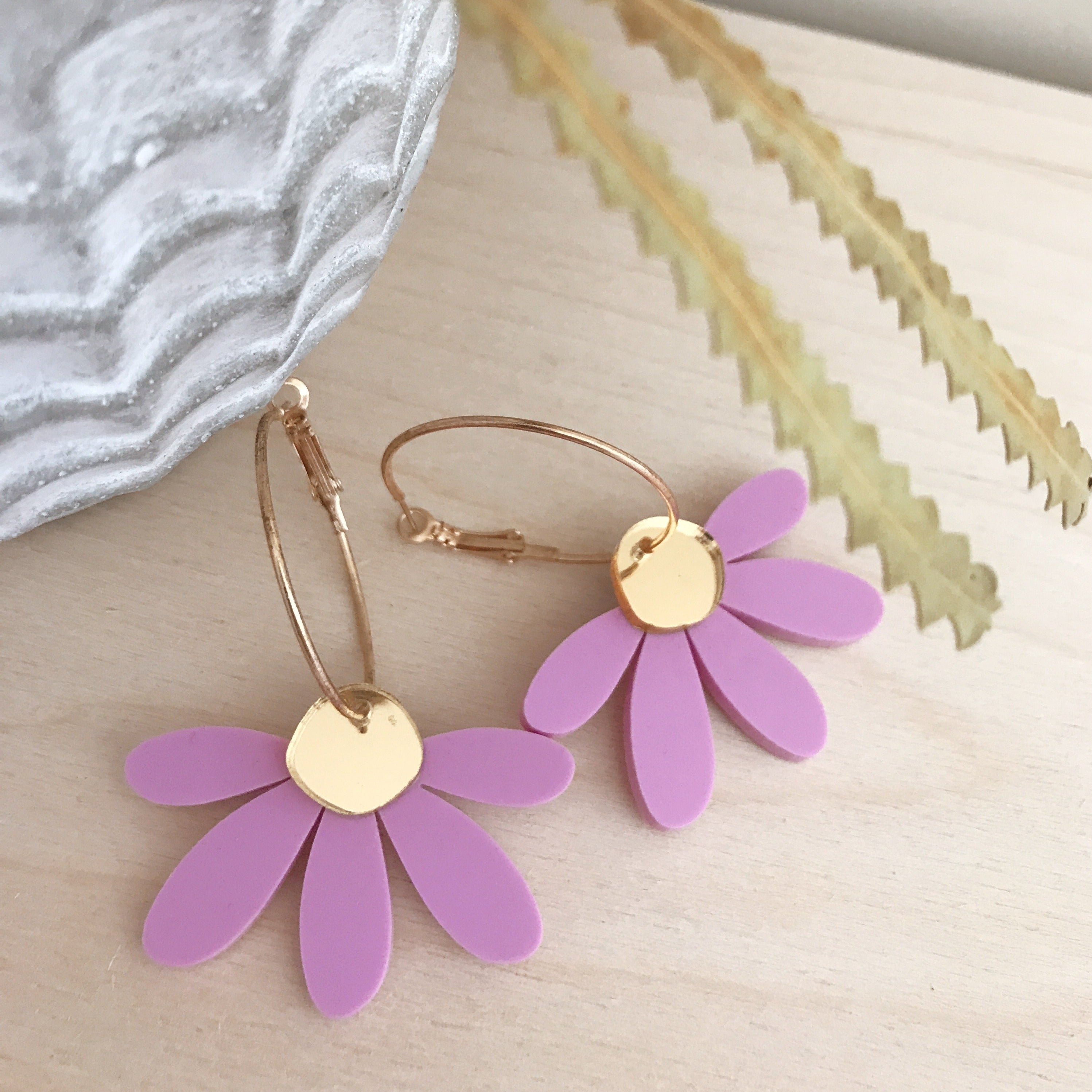 Jumbo Daisy Hoop Earrings | Lilac + Gold Mirror