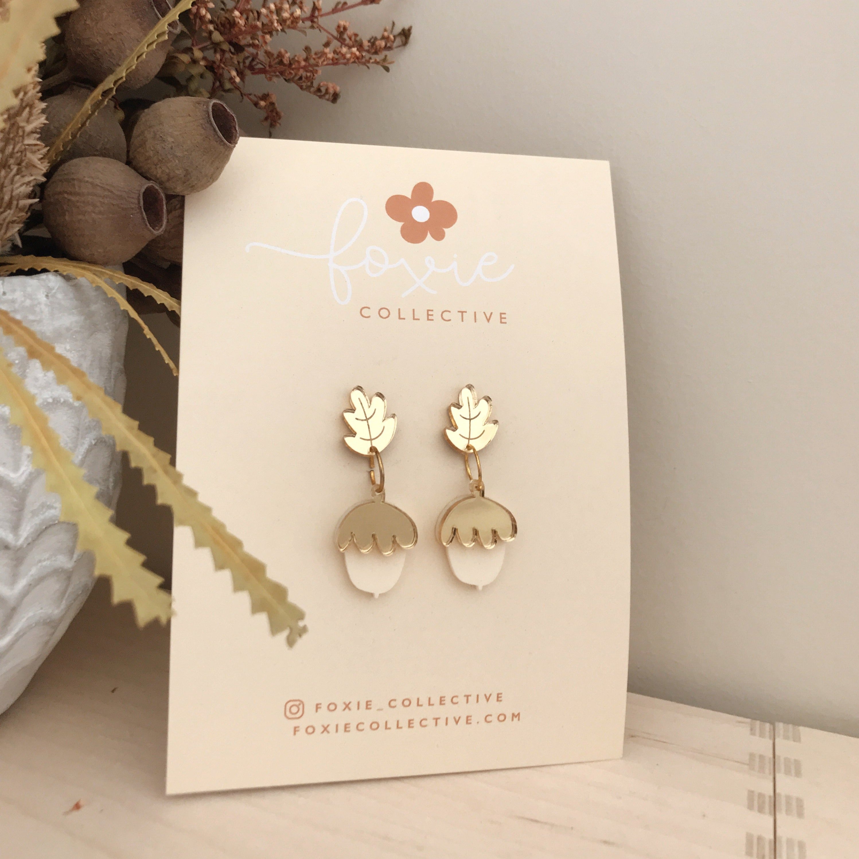 Acorn Dangle Earrings | Gold Mirror + Cream
